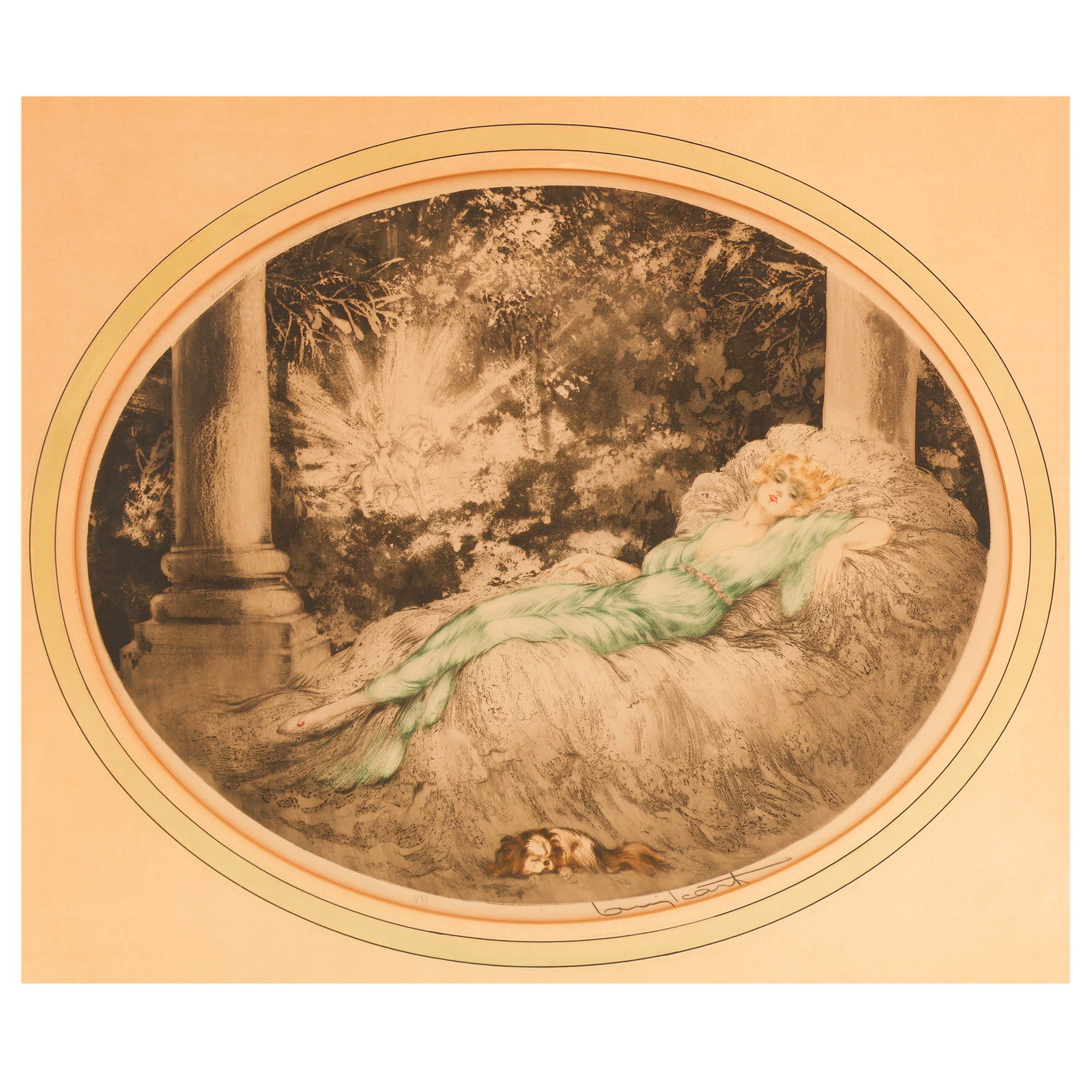 Icart 1888-1950 "Sleeping Beauty" Etching SIGNED: Louis Icart (French, 1888-1950), Sleeping Beauty, hand-colored etching on paper depicting a reclining young woman asleep upon a draped chaise in a garden setting, accompanied by a small spaniel at her