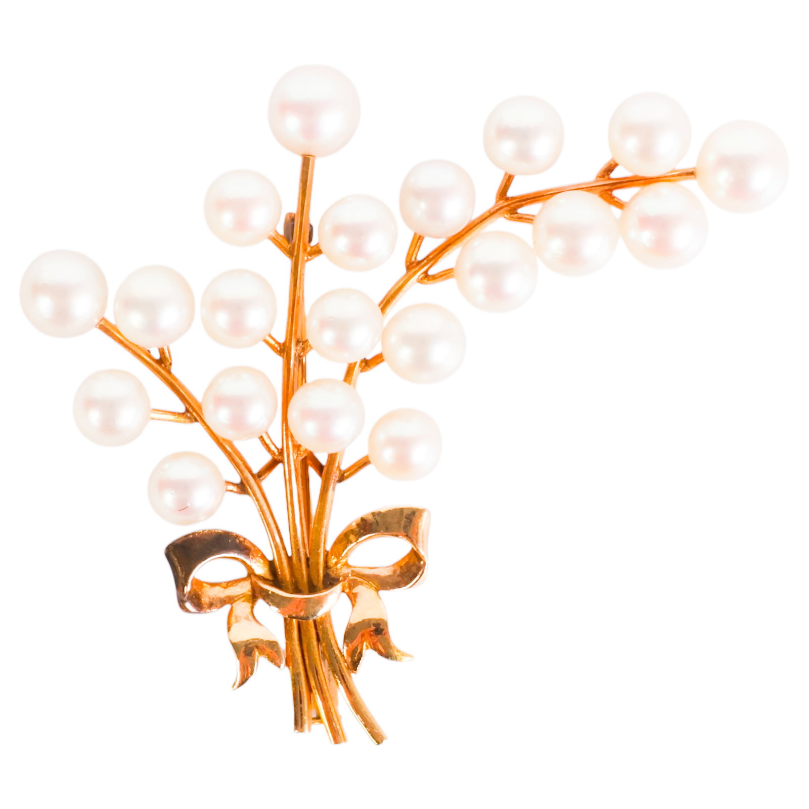 14k Yellow Gold Mikimoto Pearl Cluster Brooch 10g: Mikimoto 14K yellow gold cultured pearl brooch designed as a ribbon-tied floral spray set with 22 cultured pearls measuring approximately 4.9 mm to 6.1 mm. Stamped 14K on the verso. Measures approxima