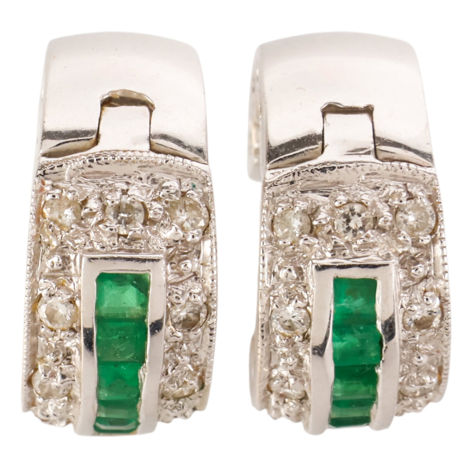 14k White Gold Emerald and Diamond Hoop Earrings (1 of 6)