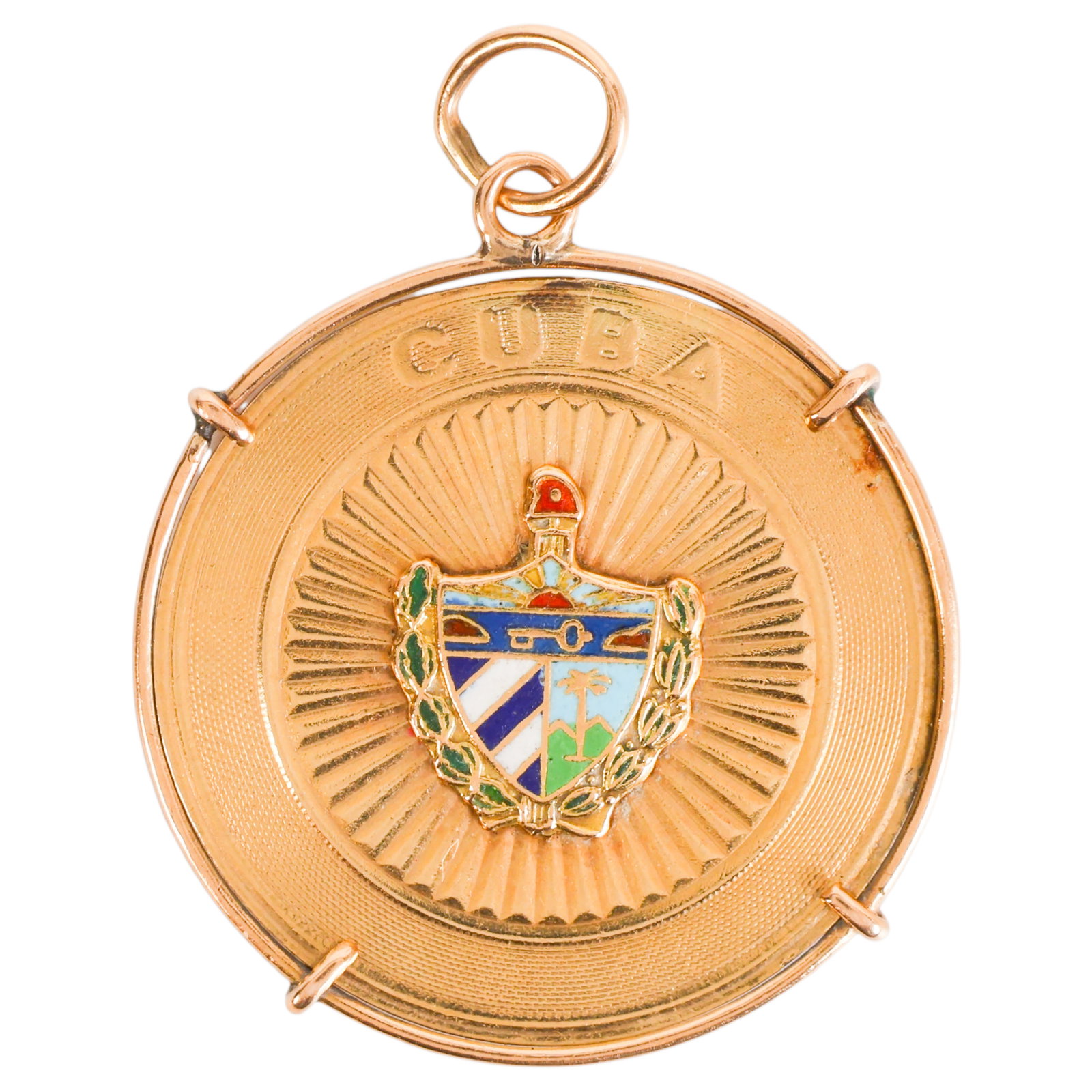 14k Gold Cuba Cuban Flag Two Sided Enamel Pendant: 14K gold double-sided Cuban enamel pendant, of round form featuring hand-enameled Cuban motifs on both sides, with the Cuban coat of arms on one side and the Cuban flag on the reverse, each within an 