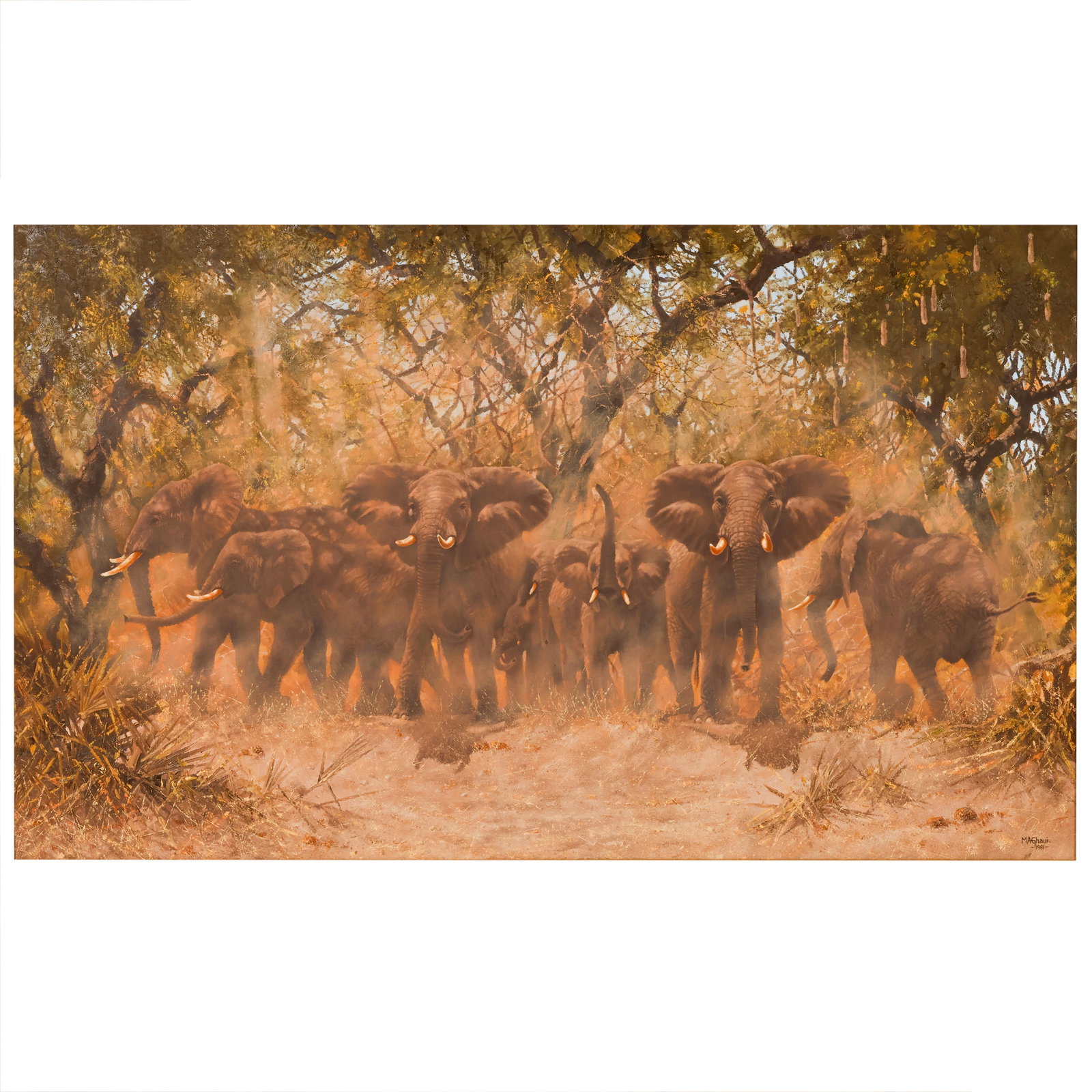 Michael Ghaui b.1950 Elephants Discturbed Painting (1 of 8)