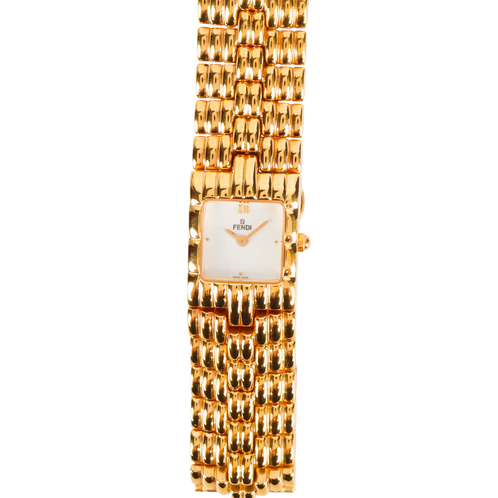 Fendi 690L Vintage Ladies Gold Tone Fashion Watch: Fendi Model 690L Swiss-made quartz ladies wristwatch with a gold-tone stainless steel case and integrated multi-link bracelet. Features a white square dial with black hands, Roman numeral XII hour mar