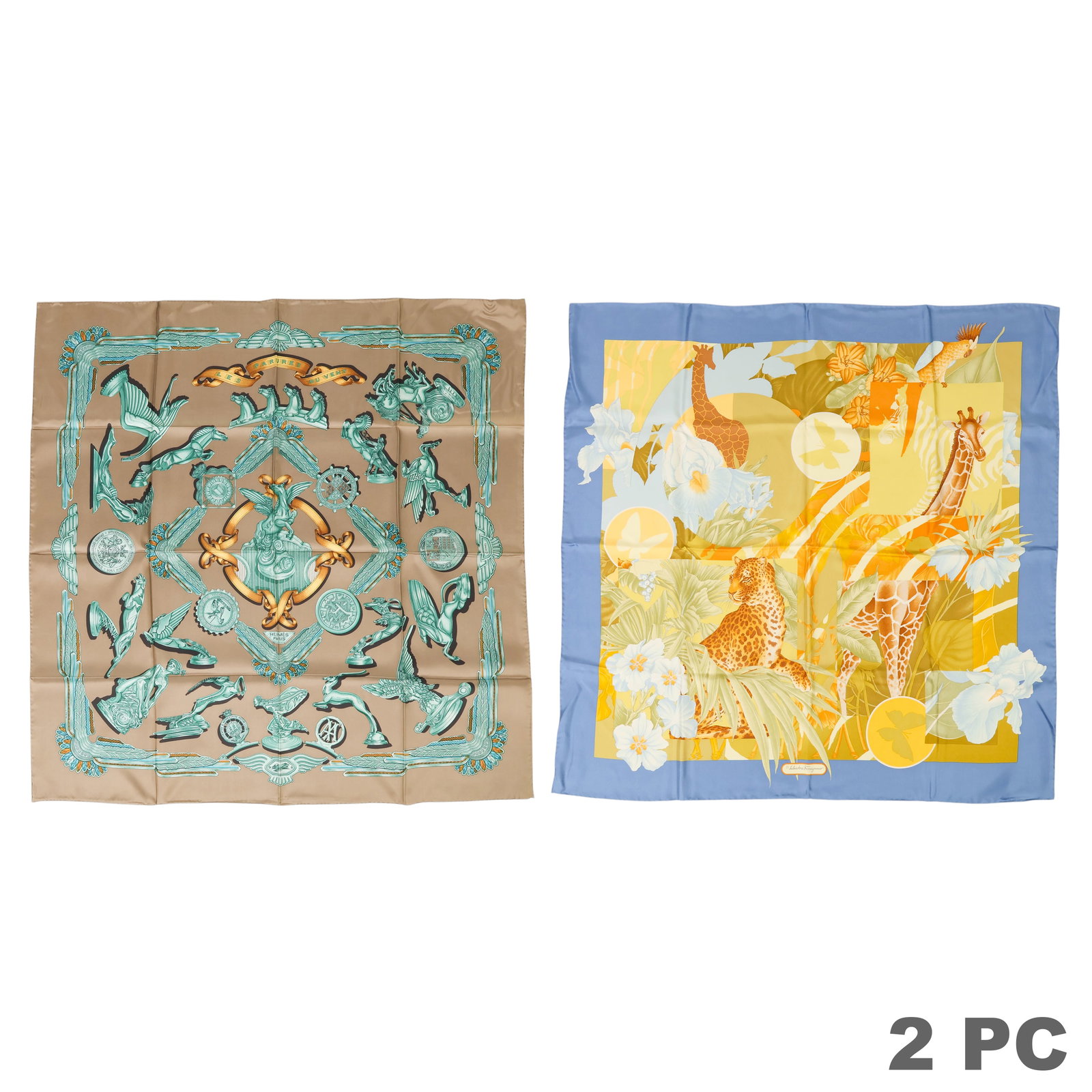 Hermes & Salvatore Ferragamo Silk Scarves 2pc LOT: Hermes Paris and Salvatore Ferragamo lot of two vintage designer silk scarves including a Hermes Paris "Les Parures du Vent" silk scarf designed by Joachim Metz, featuring an automotive mascot motif o