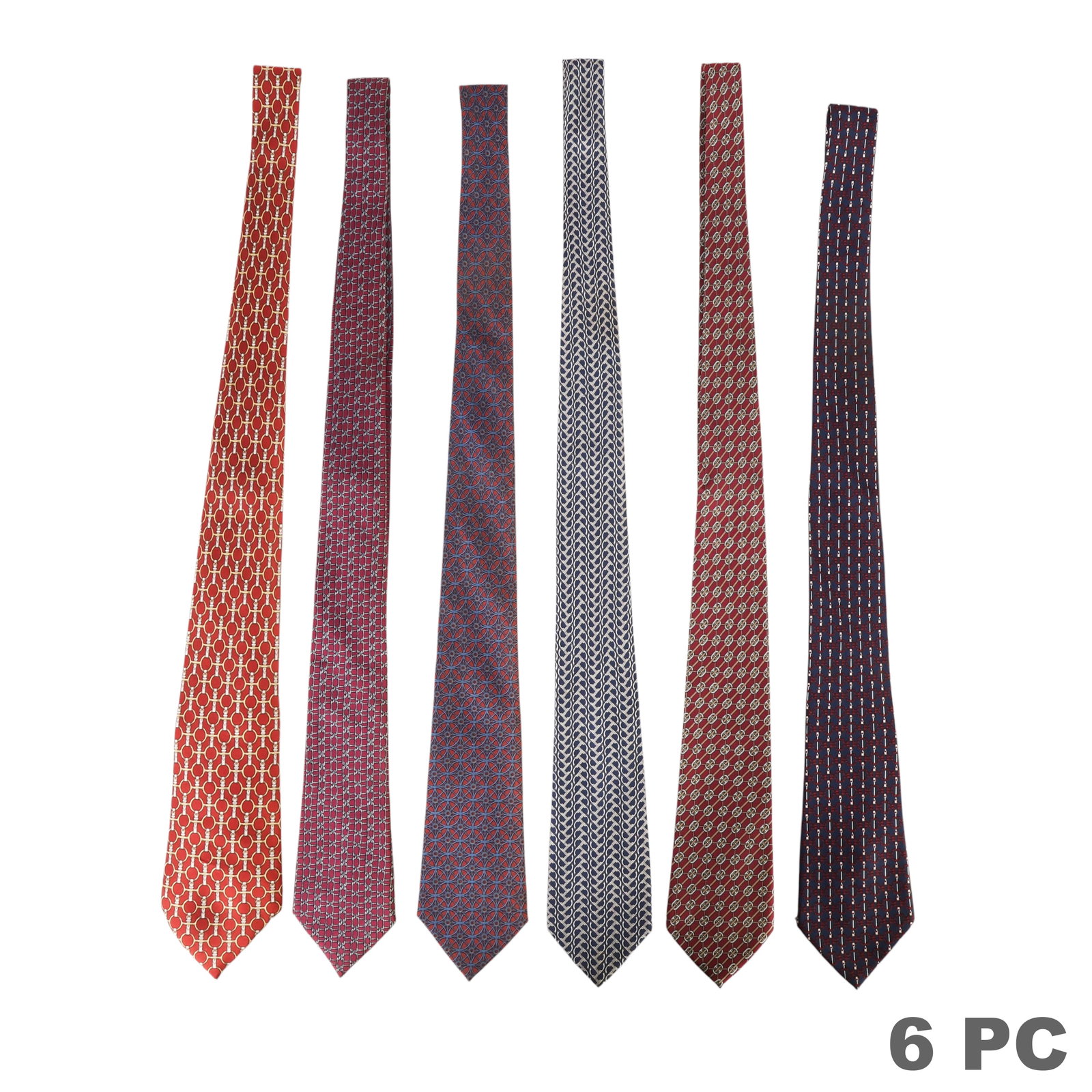 Hermes Vintage Luxury Designer Silk Neck Ties 6pc: Hermes Paris lot of seven silk neckties featuring equestrian-inspired and geometric woven patterns in shades of burgundy, blue, rust, gold, and cream. All retain Hermes labels and are crafted in Franc