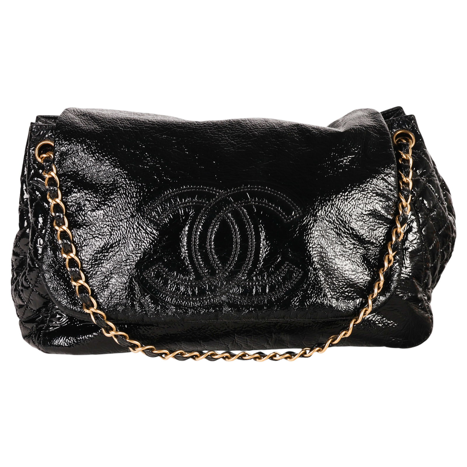 Chanel Rock and Chain Black Patent Leather Handbag: Chanel luxury designer Rock and Chain Accordion Flap Bag, Fall/Winter 2007 Collection, designed by Karl Lagerfeld. Crafted in black patent leather with an oversized quilted CC logo on the flap, accord