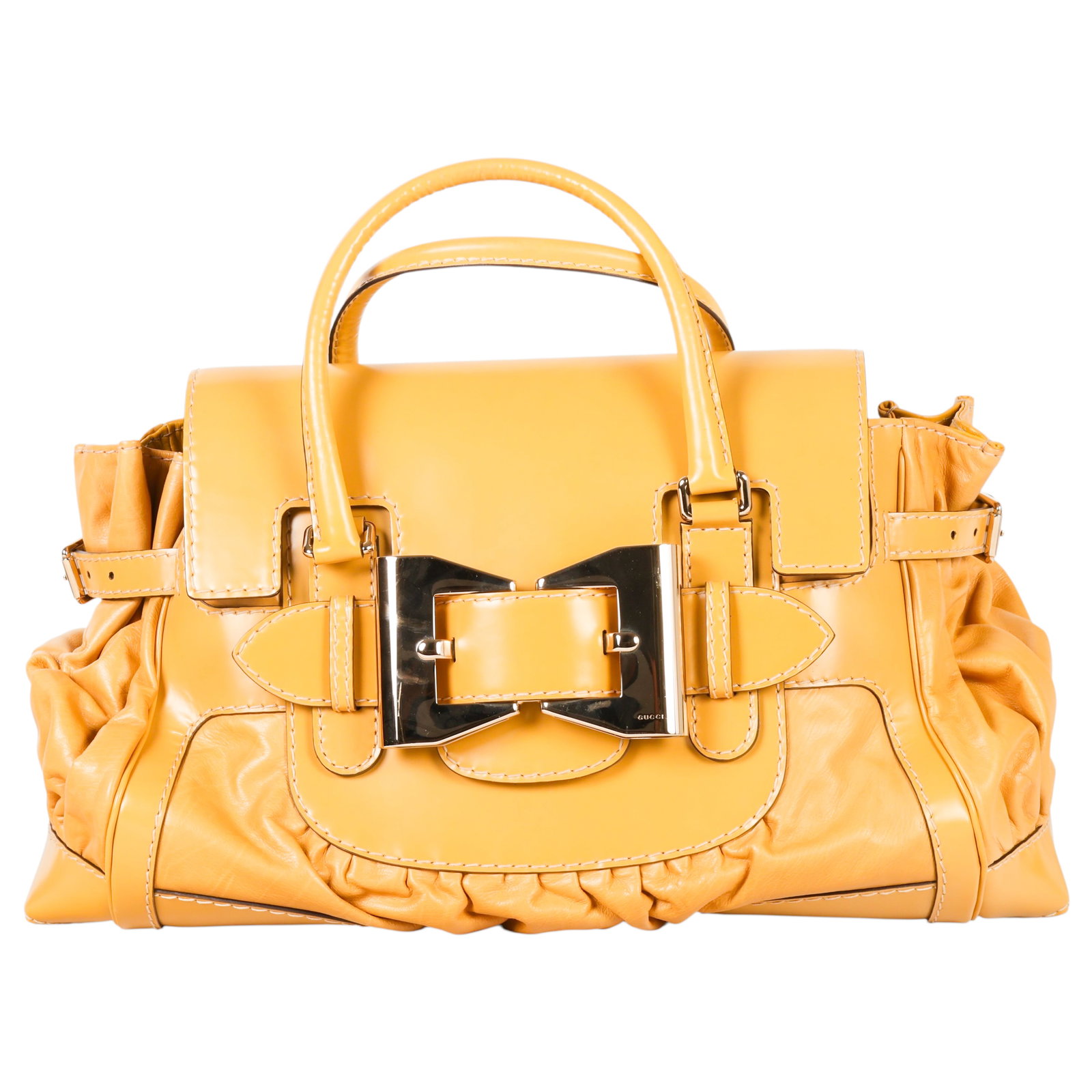 Gucci Dialux Queen Oversize Yellow Leather Handbag: Gucci luxury designer Dialux Queen large handbag, crafted in mustard yellow patent and smooth leather with the collection's signature oversized gold-tone bow buckle closure, dual rolled top handles, p