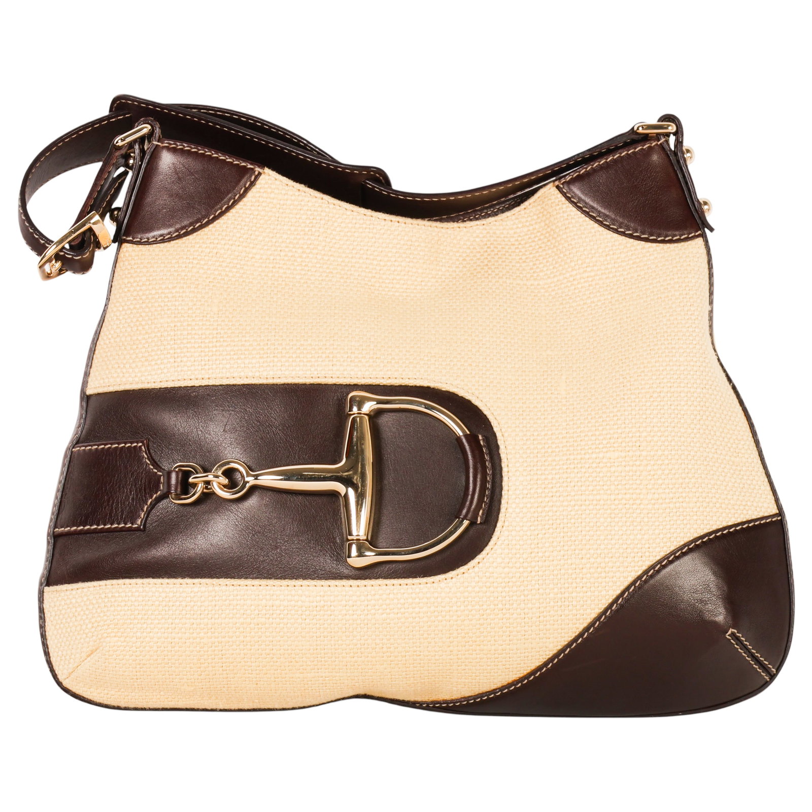 Gucci Canvas & Leather Horsebit Hobo Shoulder Bag: Gucci luxury designer Horsebit hobo shoulder bag, mid to late 2000s, crafted in beige canvas with brown leather trim and a prominent silver-tone Horsebit hardware accent on the front. Features an adju