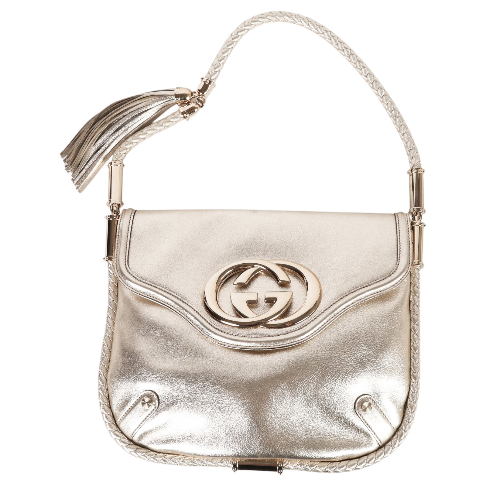 Gucci Britt Tassel Metallic Gold Leather Hobo Bag: Gucci luxury designer Britt tassel hobo bag, crafted in metallic gold leather featuring the signature oversized interlocking GG hardware, braided leather shoulder strap with tassel accents, and gold-t