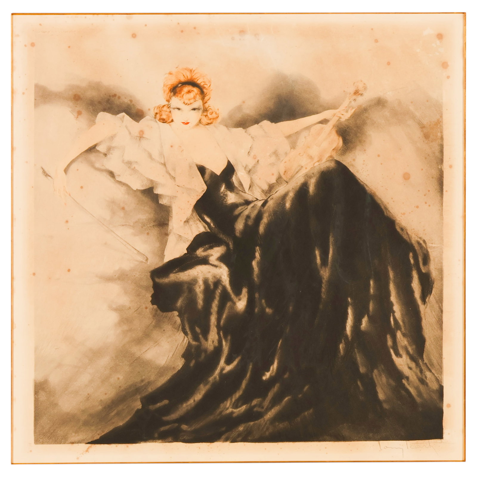 Louis Icart 1888-1950 Waltz Echoes Aquatint SIGNED: Louis Icart (French, 1888-1950), Waltz Echoes, etching and aquatint on paper depicting an Art Deco figural composition. Pencil signed lower right, with an embossed Icart blindstamp lower left. Printed