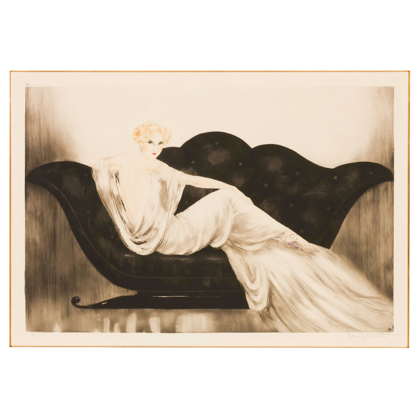 Louis Icart 1888-1950 "Le Sofa" Aquatint SIGNED: Louis Icart (French, 1888-1950), Le Sofa, Art Deco etching and aquatint on paper depicting a reclining female figure on a chaise lounge. Pencil signed lower right, "Louis Icart," with embossed Icart b