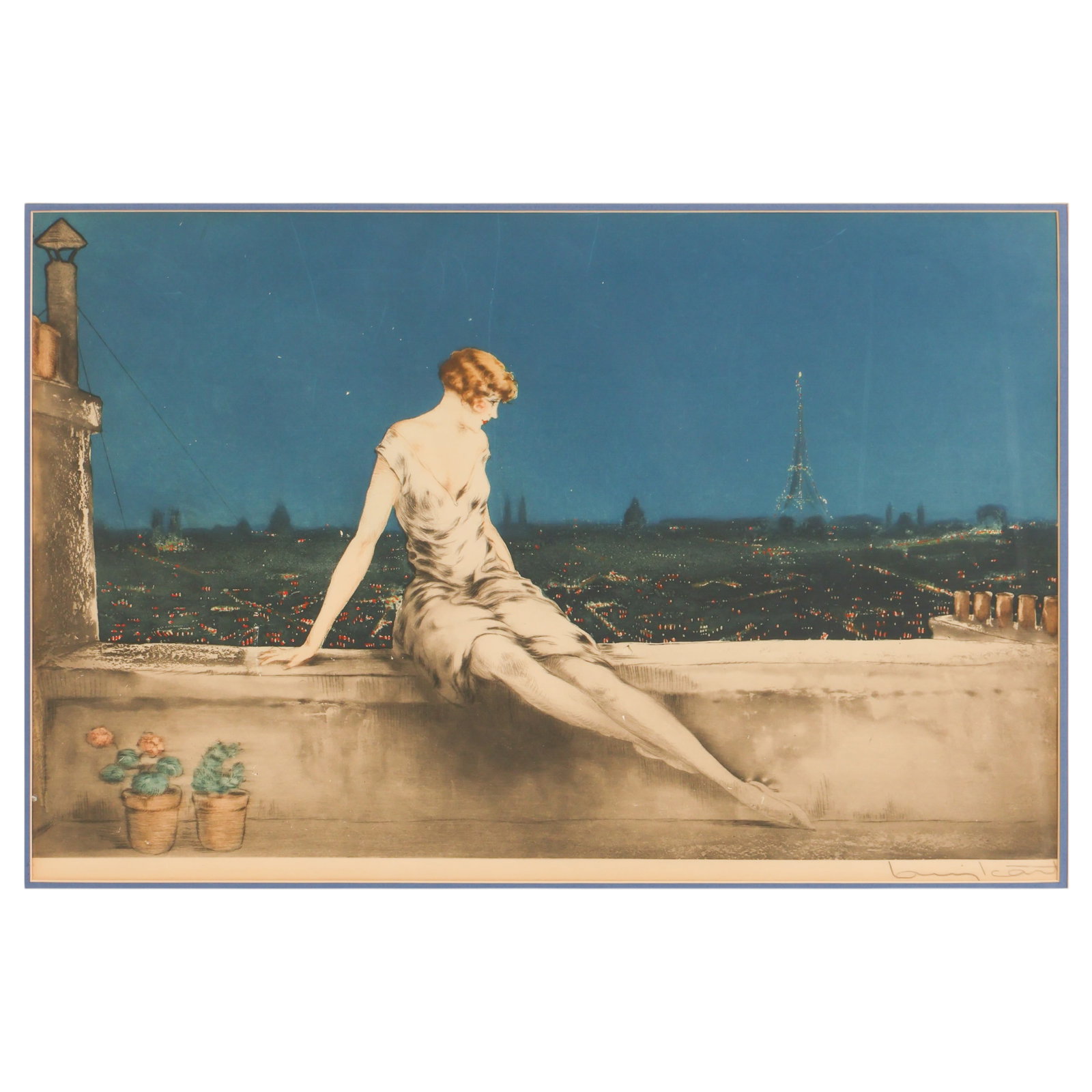 Louis Icart 1888-1950 "Mimi Pinson" Etching SIGNED: Louis Icart (French, 1888-1950), Mimi Pinson, 1927, hand-colored etching on paper depicting an elegantly dressed young woman seated upon a rooftop parapet overlooking the illuminated Paris skyline wit