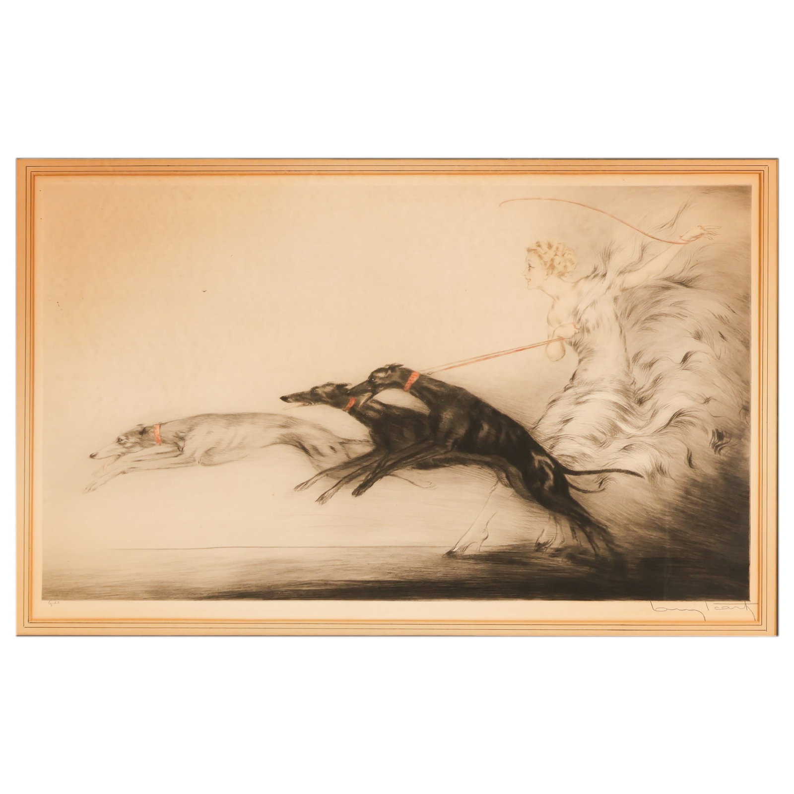 Louis Icart 1888-1950 Speed Vitesse Etching SIGNED: Louis Icart (French, 1888-1950), Speed (Vitesse), hand-colored etching on paper depicting a fashionably dressed female figure in flowing garments being pulled at full stride by two racing borzoi hound