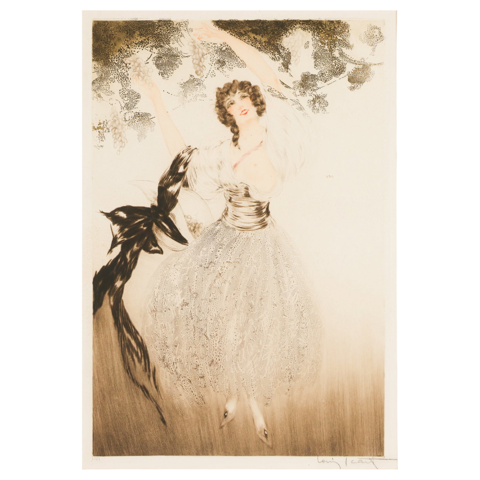 Louis Icart 1888-1950 "New Grapes" Etching SIGNED: Louis Icart (French, 1888-1950), New Grapes, hand-colored etching on paper depicting an elegant female figure reaching overhead to gather clusters of grapes beside a large ribbon-tied basket. Pencil s