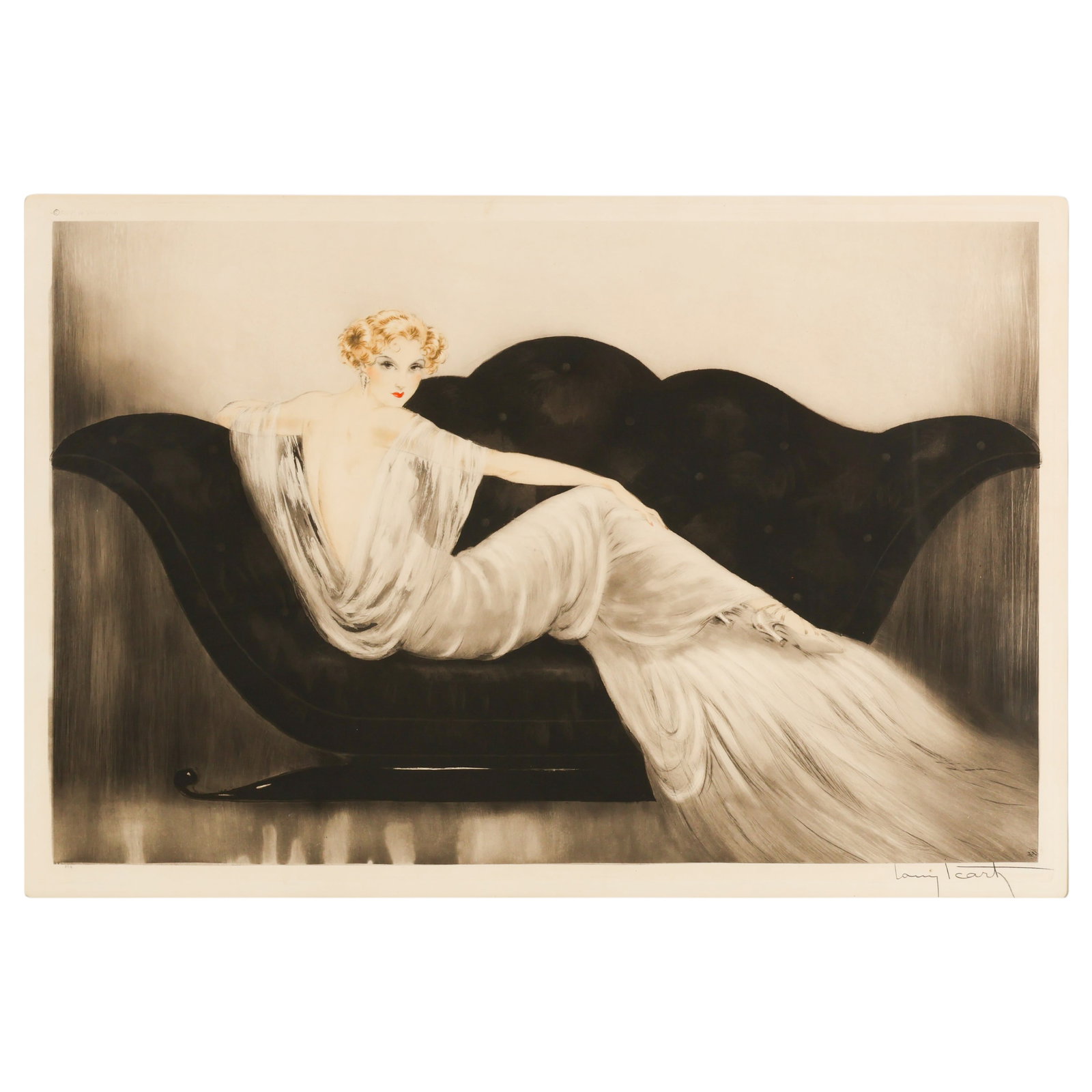 Louis Icart 1888-1950 "The Sofa" Etching SIGNED: Louis Icart (French, 1888-1950), Sofa, hand-colored etching on paper depicting an elegantly draped female figure reclining upon a sleek black sofa with an elongated flowing gown. Pencil signed "Louis 