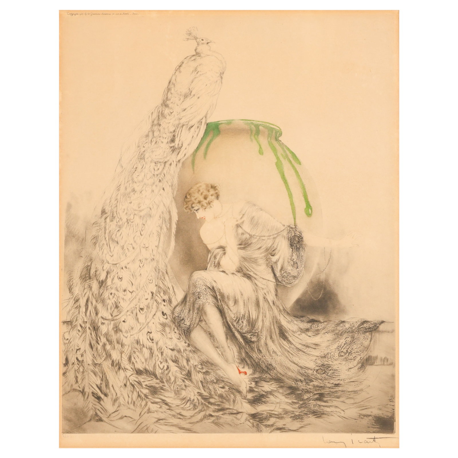 Icart 1888-1950 Woman with Peacock Etching SIGNED: Louis Icart (French, 1888-1950), La Femme au Paon (Woman with Peacock), hand-colored etching on paper depicting an elegantly draped female figure seated beside a peacock before a monumental green-glaz