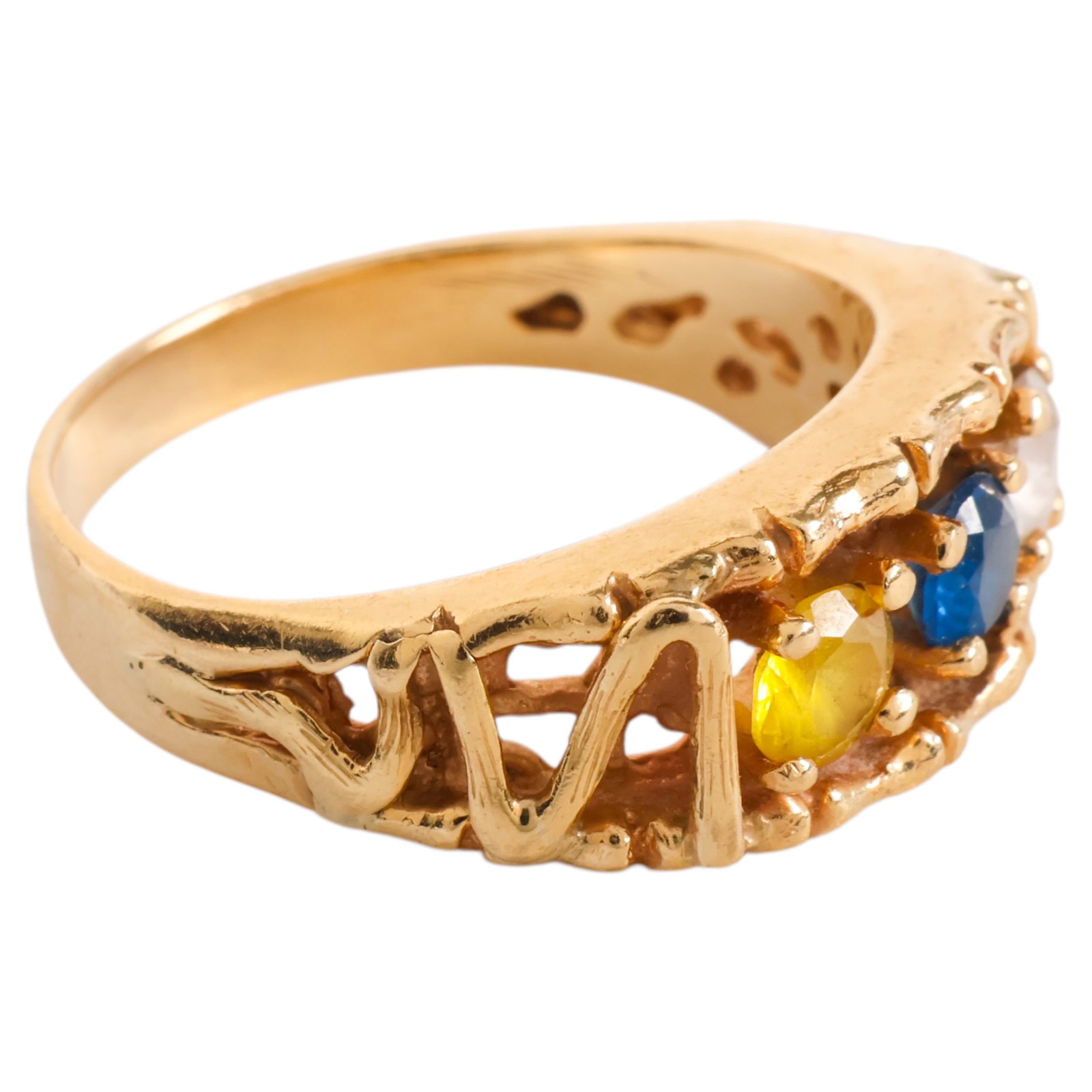 14K Gold Birthstone w/ Faux Bamboo Setting Ring 4g: Vintage 1970s 14K gold birthstone ring set with three stones in a faux bamboo setting. The ring features a yellow stone, a deep blue stone, and a clear stone. Marked "14K" inside the band. Total weigh