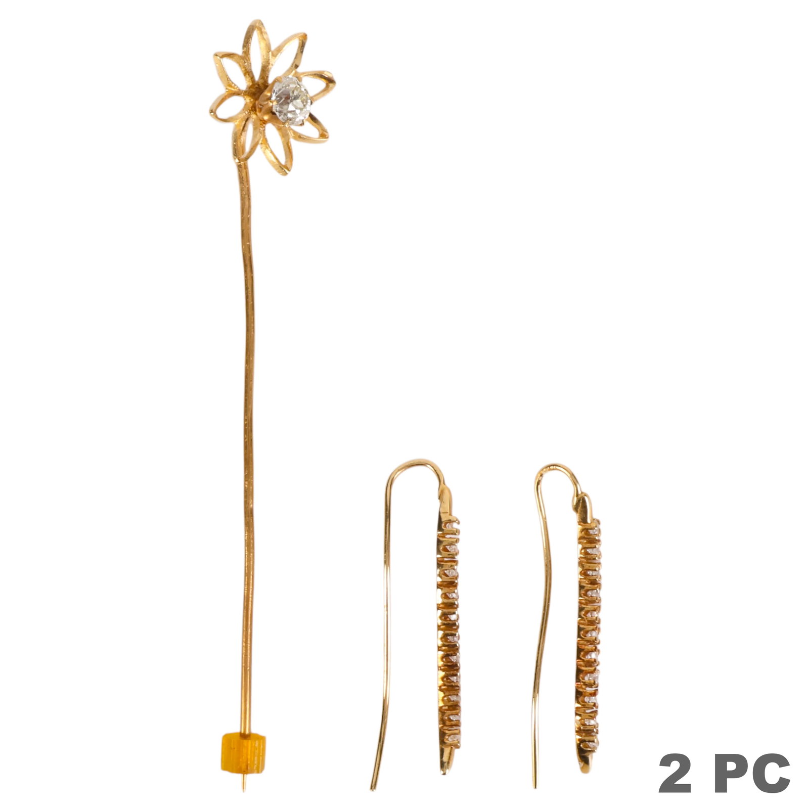 14k Gold Diamond Stick Pin and CZ Earrings 2pc LOT: Two-piece 14K yellow gold jewelry lot. Includes a 14K yellow gold diamond flower stick pin featuring an openwork flower head set with a 4 mm round brilliant-cut diamond weighing approximately 0.25 ct.