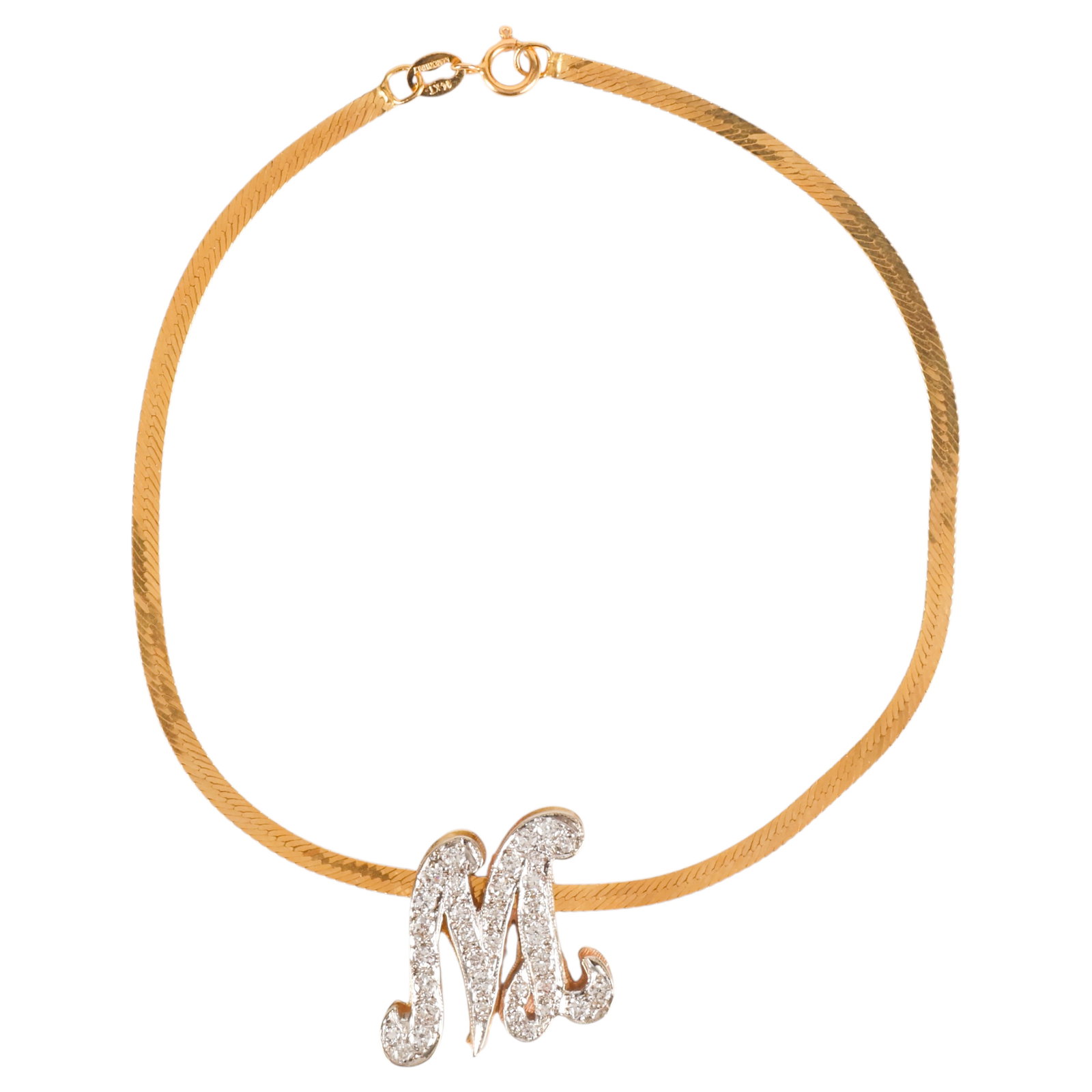14k Diamond M Slid Hidden MOM Message Bracelet: 14K yellow gold herringbone bracelet with a diamond-set letter "M" slide pendant. The bracelet features a hidden laser-engraved interior message reading "Extra Special Mom," repeated throughout. The s