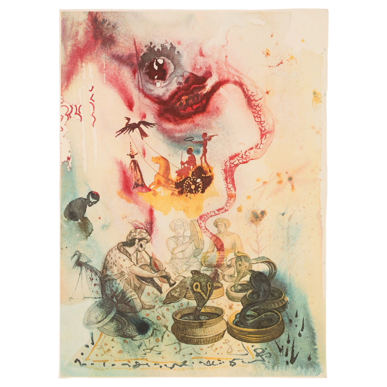 Salvador Dali 1904-1989 Snake Charmer Litho SIGNED: Salvador Dali (Spanish, 1904-1989), Les Enchanteurs des Serpents (The Snake Charmers), color lithograph on paper from the Arabian Nights series depicting a dreamlike scene of snake charmers. Pencil si