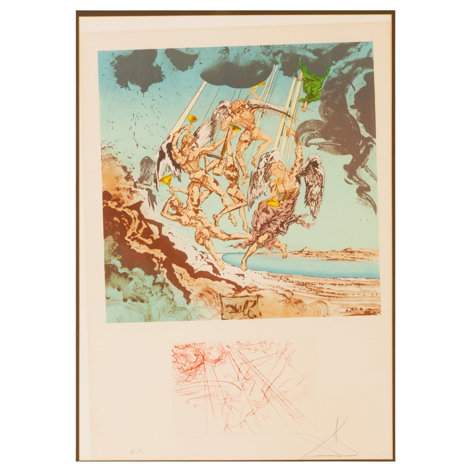 Salvador Dali 1904-1989 Return of Ulysses SIGNED: Salvador Dali (Spanish, 1904-1989), Return of Ulysses, from the Hommage a Homere suite, color lithograph with etching on paper depicting the mythological return of Ulysses with winged figures in the a