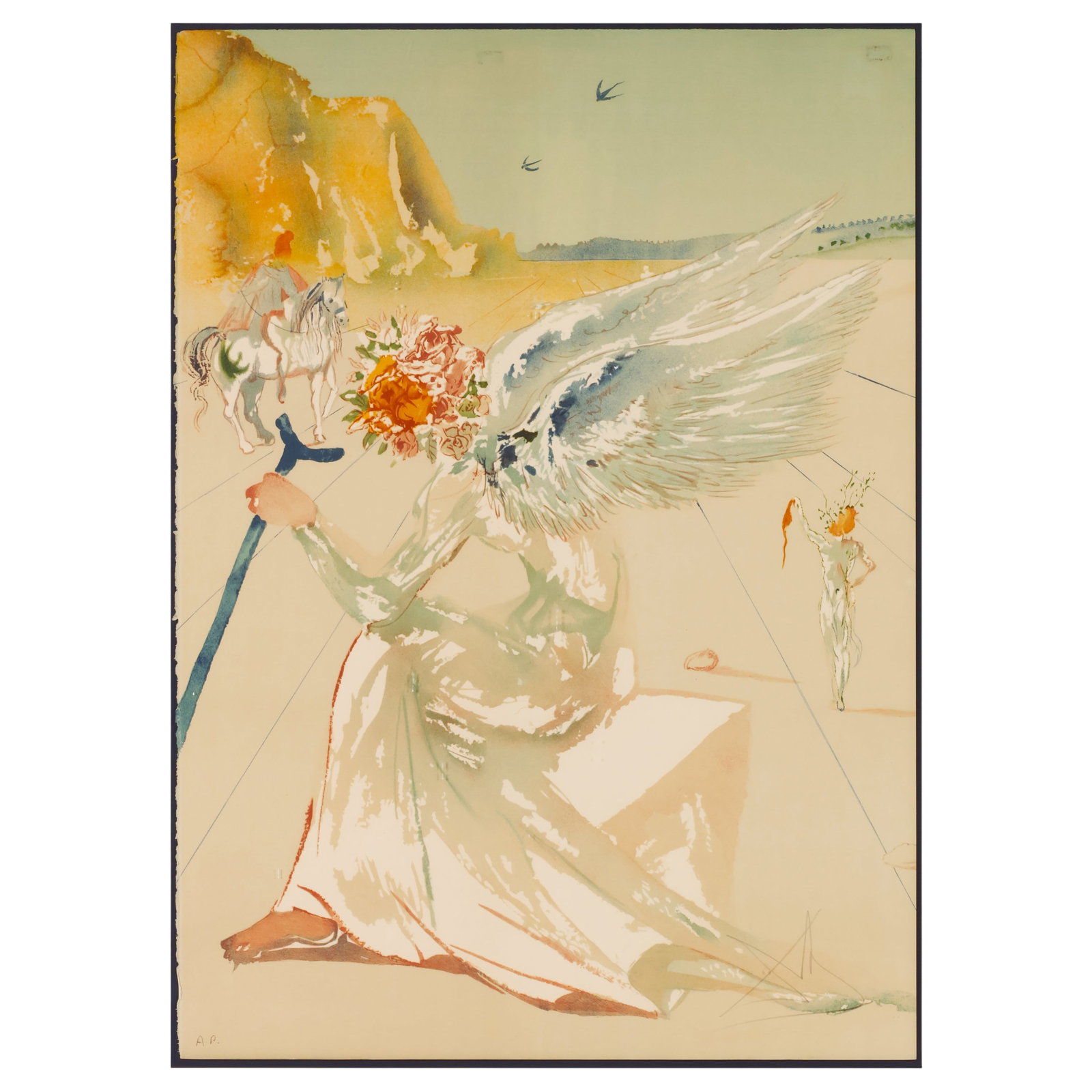 Salvador Dali 1904-1989 Helen of Troy Litho SIGNED: Salvador Dali (Spanish, 1904-1989), Helen of Troy, from the Hommage a Homere suite, color lithograph on deckled-edge paper depicting the mythological figure Helen of Troy with a winged figure in the a