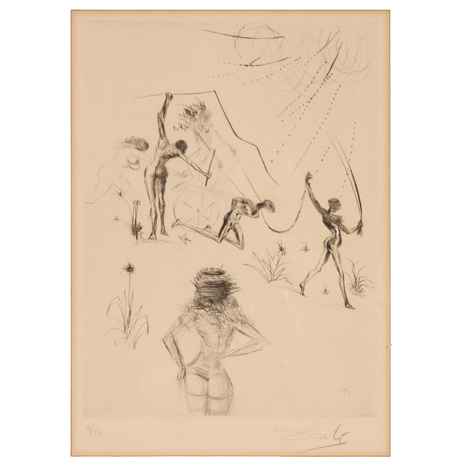 Salvador Dali 1904-1989 Venus Furs Etching SIGNED: Salvador Dali (Spanish, 1904-1989), Venus in Furs (Les Negresses), etching on paper from the 1969 Venus aux Fourrures (Venus in Furs) series depicting a Surrealist figural composition with Dali's prof