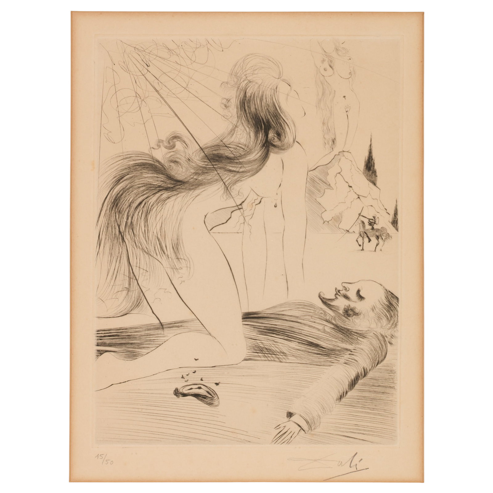 Salvador Dali 1904-1989 La Femme Etching SIGNED: Salvador Dali (Spanish, 1904-1989), La Femme a Genou (The Kneeling Woman), from the 1969 Venus in Furs series. Pencil signed lower right over a blindstamp and numbered 15/50 lower right. Presented und