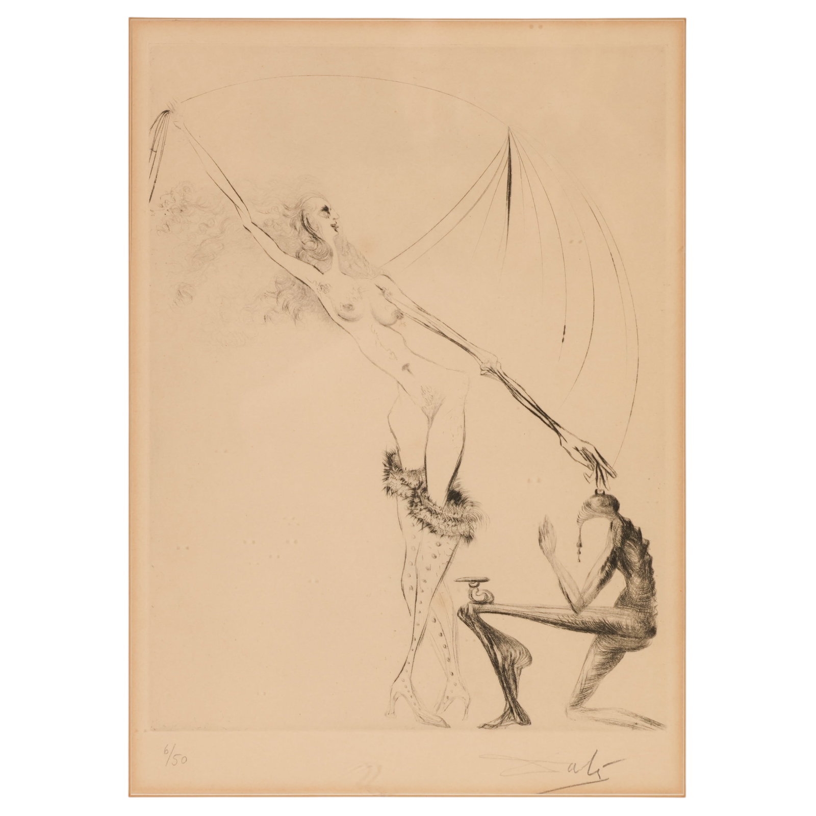 Salvador Dali 1904-1989 Purple Boot Etching SIGNED: Salvador Dali (Spanish, 1904-1989), La Botte Violette (The Violet Boot), etching on paper from the 1969 Venus aux Fourrures (Venus in Furs) series depicting a Surrealist figural composition with a kne