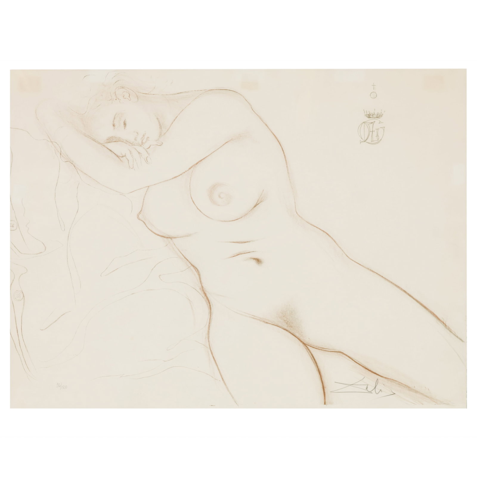 Salvador Dali 1904-1989 L/E Nude Sleeping SIGNED: Salvador Dali (Spanish, 1904-1989), "Nude Sleeping Woman," lithograph on paper depicting a reclining female nude. Pencil signed lower right and numbered 56/120 lower left. Presented under glass with d