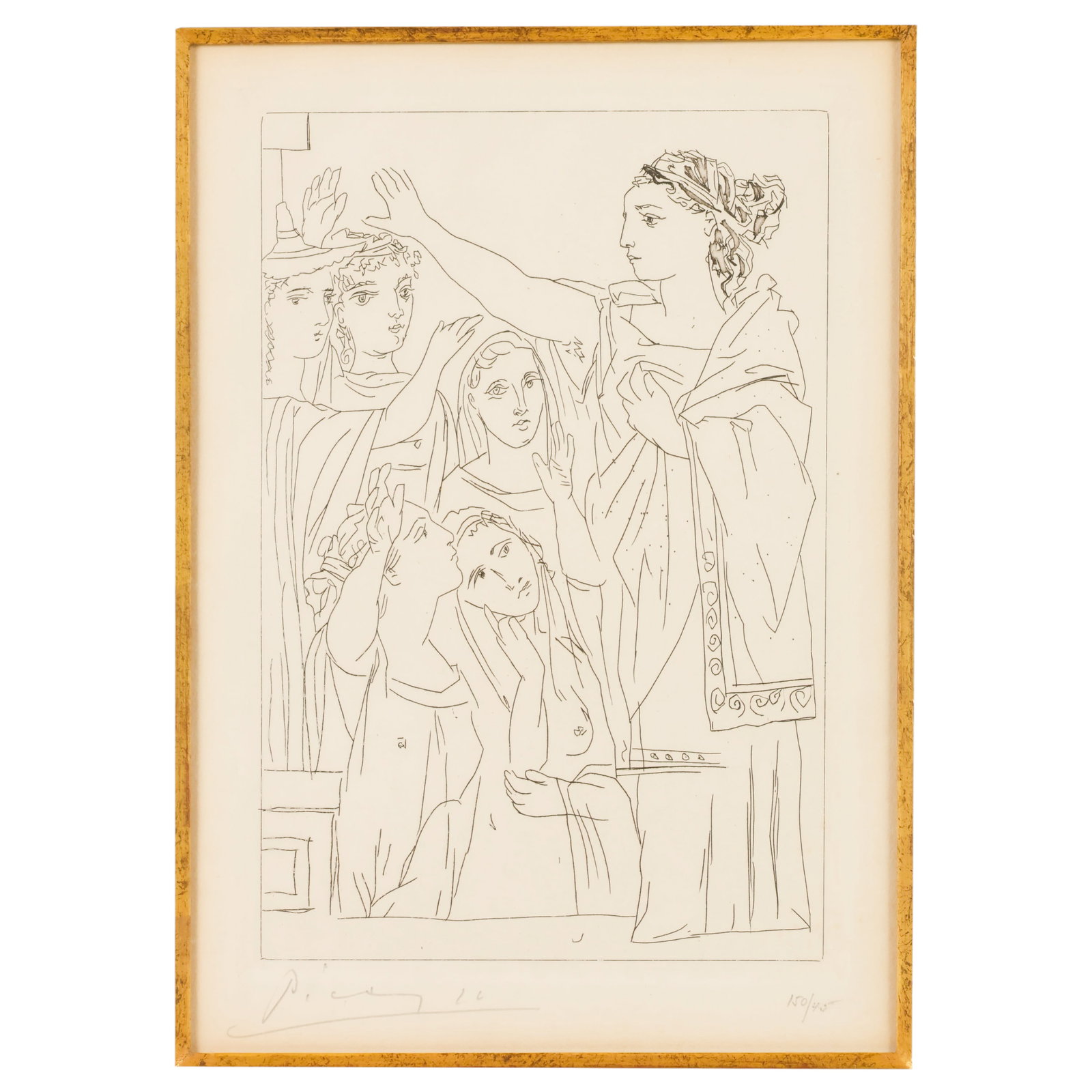 Picasso 1881-1973 Oath of the Women Etching SIGNED: Pablo Picasso (Spanish, 1881-1973), Serment des Femmes (Oath of the Women), 1934, etching on wove paper depicting a group of women joined in a solemn oath, created as an illustration for Aristophanes'