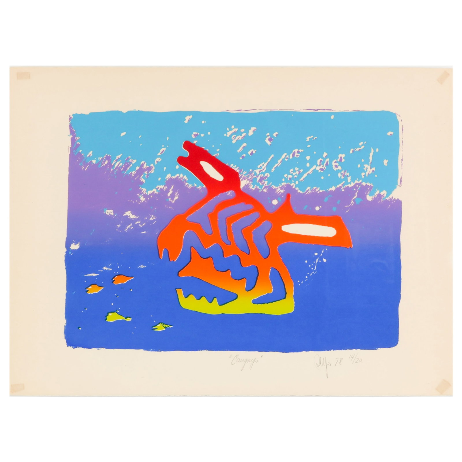 Vintage Abstract Geometric Fish LE Litho SIGNED: Limited edition vintage color serigraph on deckled-edge paper depicting a bold abstract composition with a stylized fish-like form in vivid shades of blue, purple, orange, red, yellow, and white. Penc
