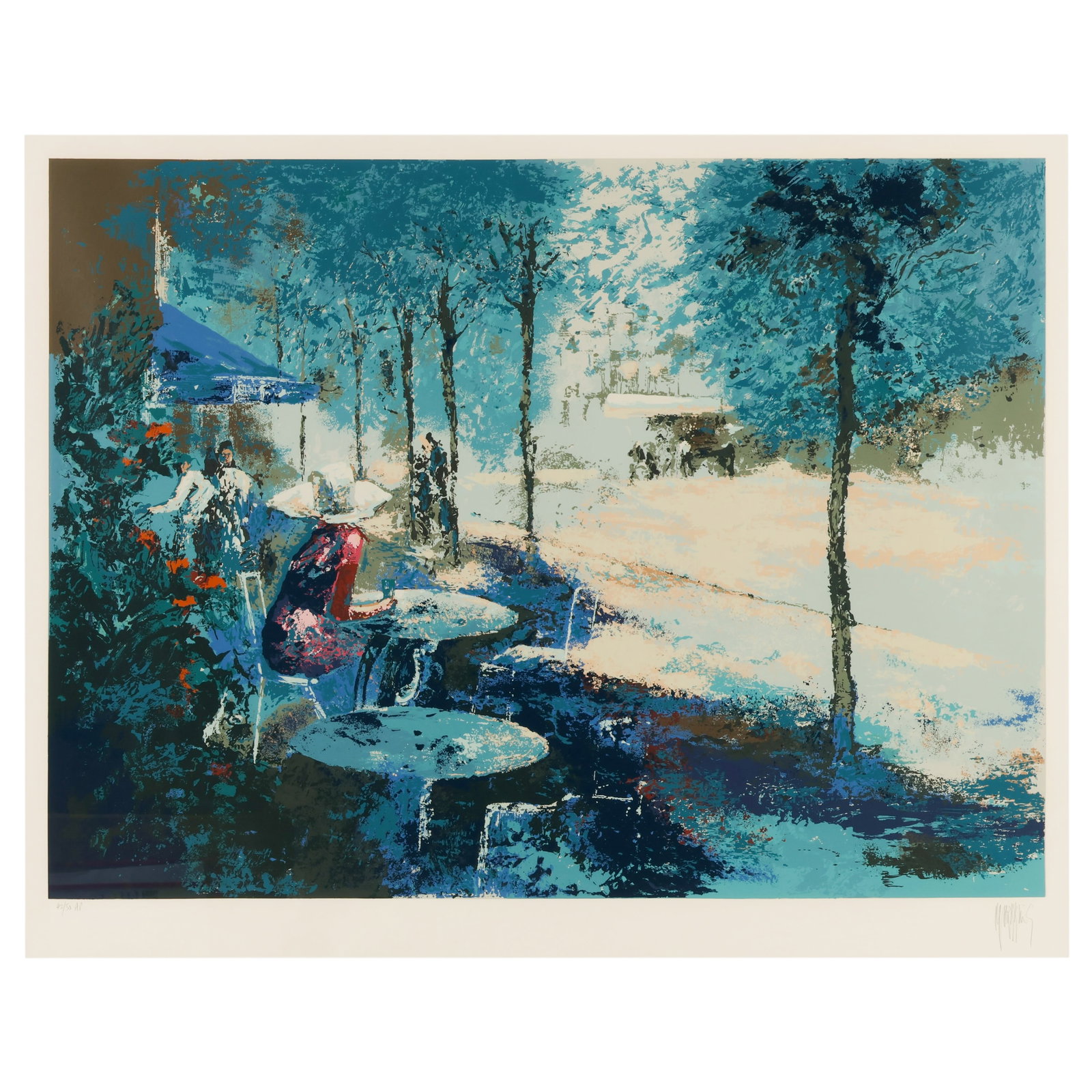 Mark King (British 1931-2014) "La Terrasse" SIGNED: Mark King (British, 1931-2014), La Terrasse (also known as Sidewalk Café), limited edition color serigraph on paper depicting patrons seated at an outdoor café overlooking a tree-lined promenade. Pe