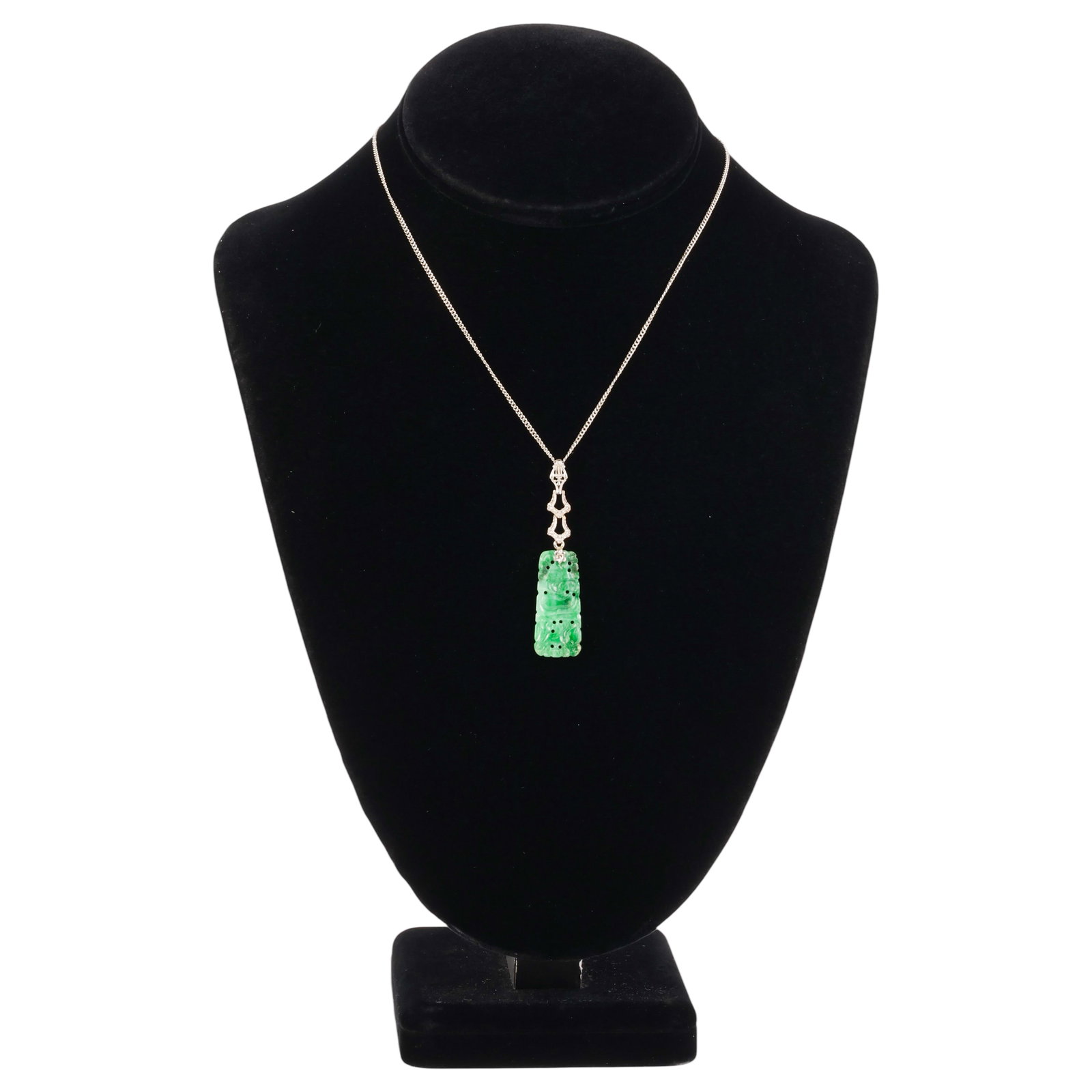 14k White Gold & Green Jade Deco Necklace Pendant (1 of 6)