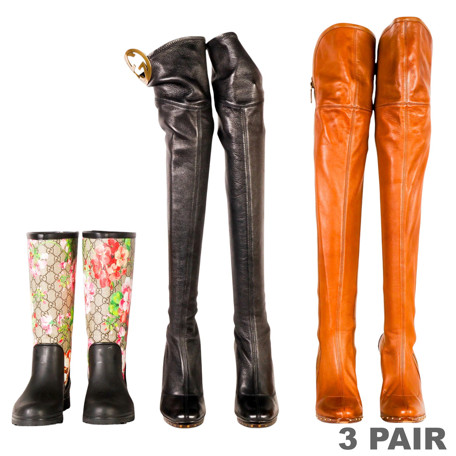 Gucci Thigh High & Rubber Boots 3 PAIRS LOT Sz. 37: Three pairs of Gucci women's designer footwear comprising a pair of Gucci by Tom Ford Fall/Winter 2003 black leather thigh-high boots with G logo medallion hardware, platform soles, and stiletto heels