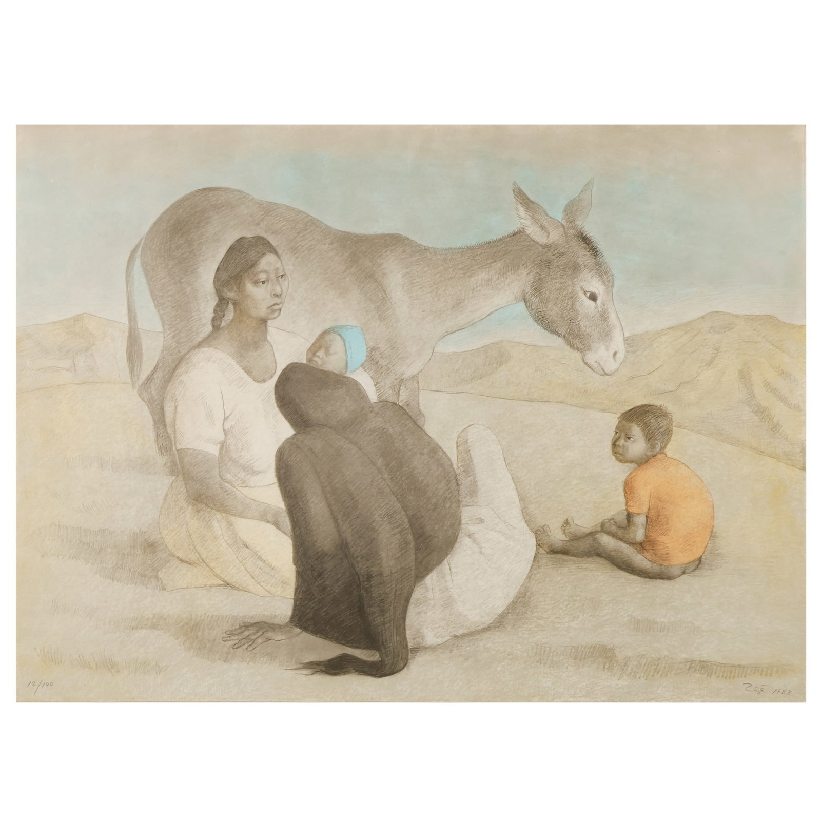 Francisco Zuniga 1912-1998 Indigenous Group SIGNED: Francisco Zuniga (Costa Rican/Mexican, 1912-1998), Familia Indigena III, 1983, color lithograph on paper depicting a seated Indigenous family with a donkey in a landscape. Pencil signed and dated lowe