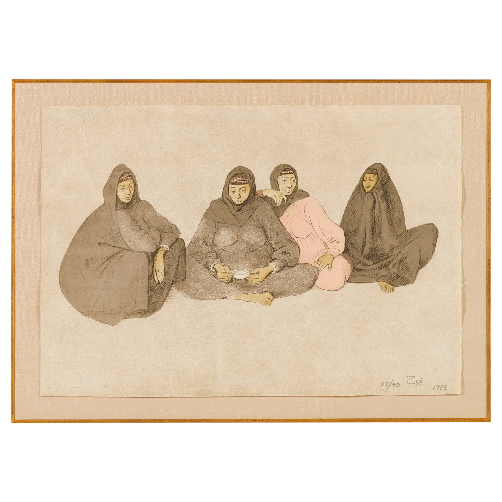 Zuniga 1912-1998 Impressions of Egypt # 5 SIGNED: Francisco Zuniga (Costa Rican/Mexican, 1912-1998), Impresiones de Egipto, Plancha 5 (Impressions of Egypt, Plate 5), 1982, color lithograph on paper depicting four seated female figures. Pencil signed