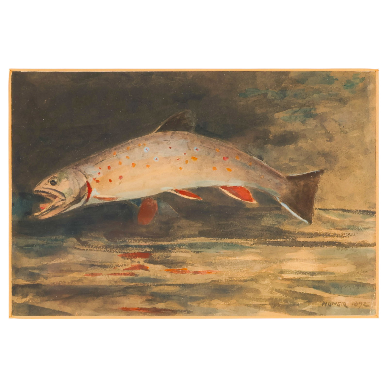 19C Fish Trout Study Watercolor Painting SIGNED: Antique watercolor on paper depicting a rainbow trout study in shallow water. Signed and dated lower right, "Homer 1892," with an additional faded date upper right. Presented under glass with a cream 