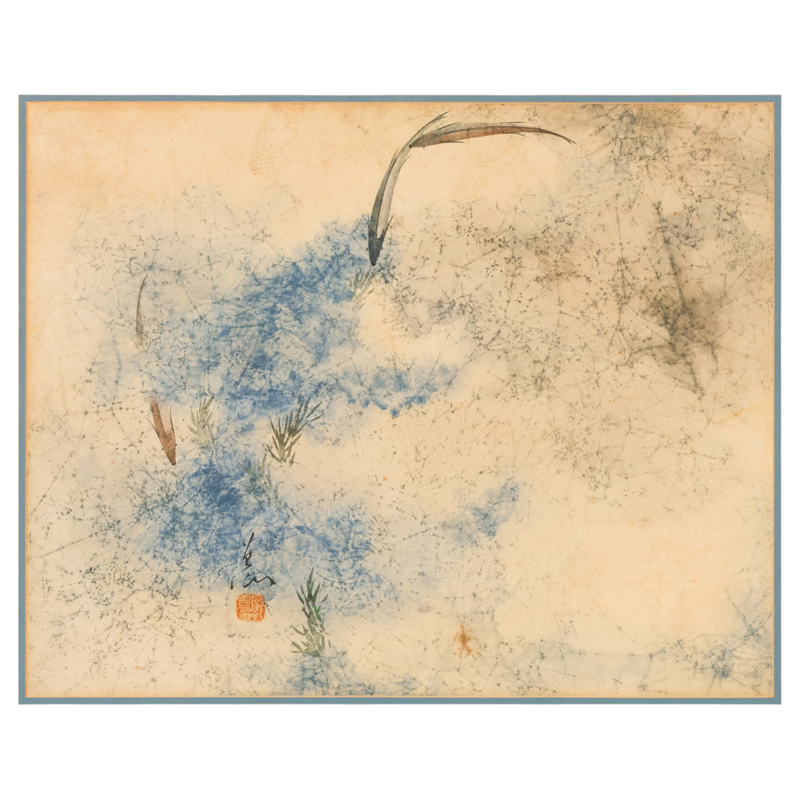 Tseng-Ying Pang 1916-1997 "Minnows" Watercolor: Tseng-Ying Pang (Chinese, 1916-1997), Minnows, watercolor on rice paper depicting an abstract aquatic composition with schools of minnows rendered in expressive brushwork and soft blue washes. Signed 