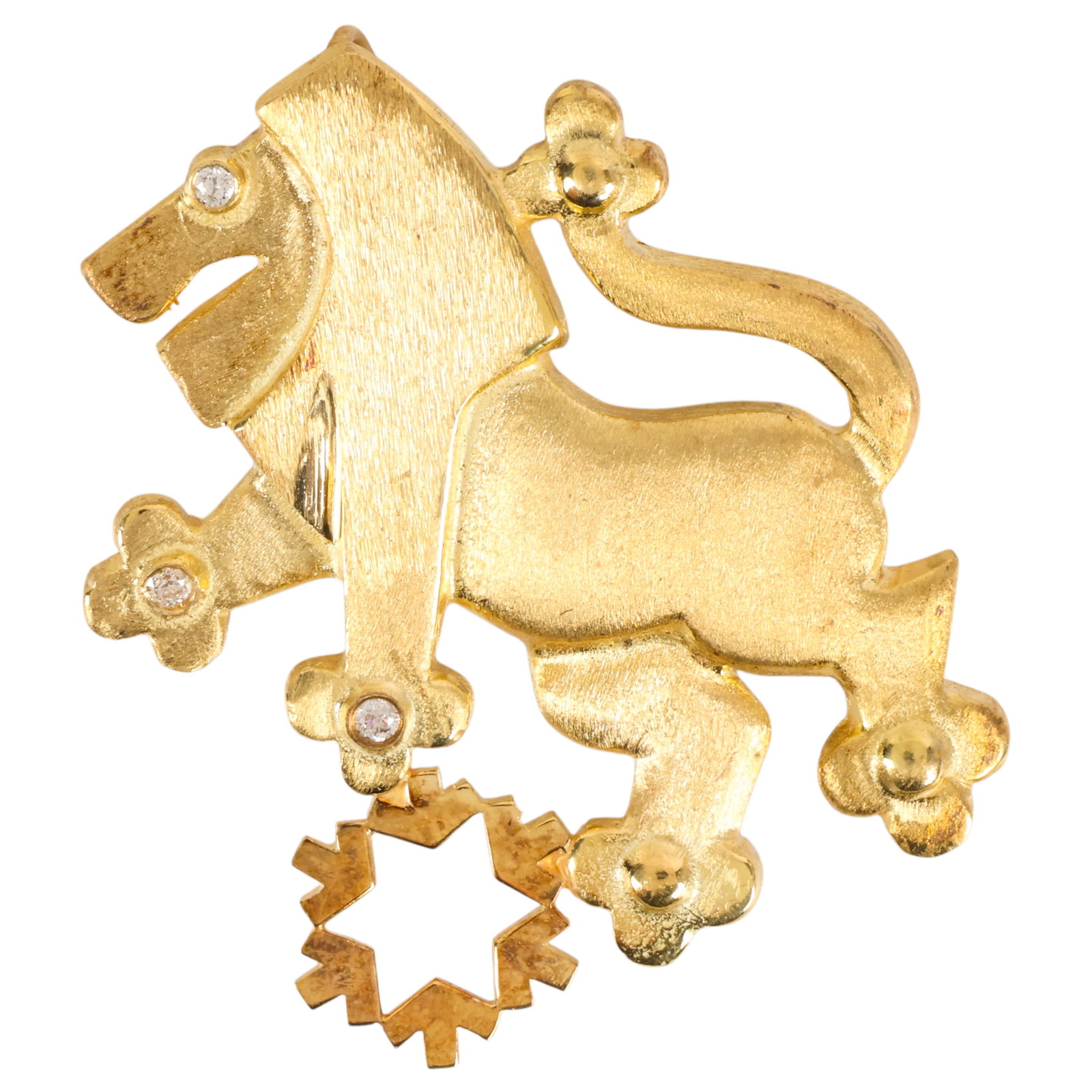 14K Yellow Gold and Diamond Lion of Judah Pendant: 14K Yellow Gold Diamond Lion of Judah Brooch, depicting the Lion of Judah with Star of David pendant drop. The satin-finished 14K yellow gold is accented with three round diamonds, each measuring appr
