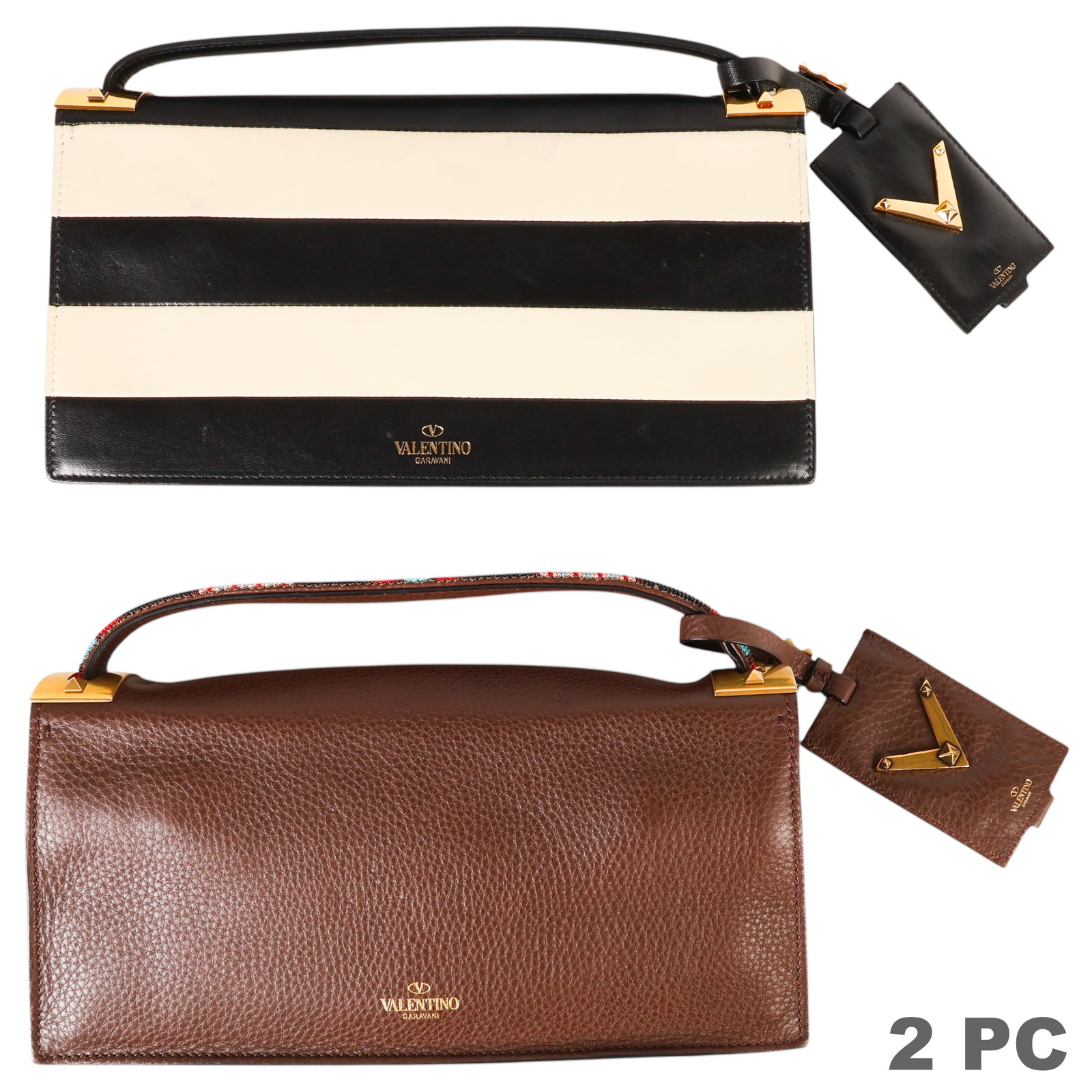 Valentino Garavani My Rockstud Leather Handbag 2pc: Lot of two Valentino Garavani Italian luxury designer My Rockstud leather handbags. Includes one brown grained leather top-handle handbag from the Spring/Summer 2016 "Tribal" collection featuring a wo