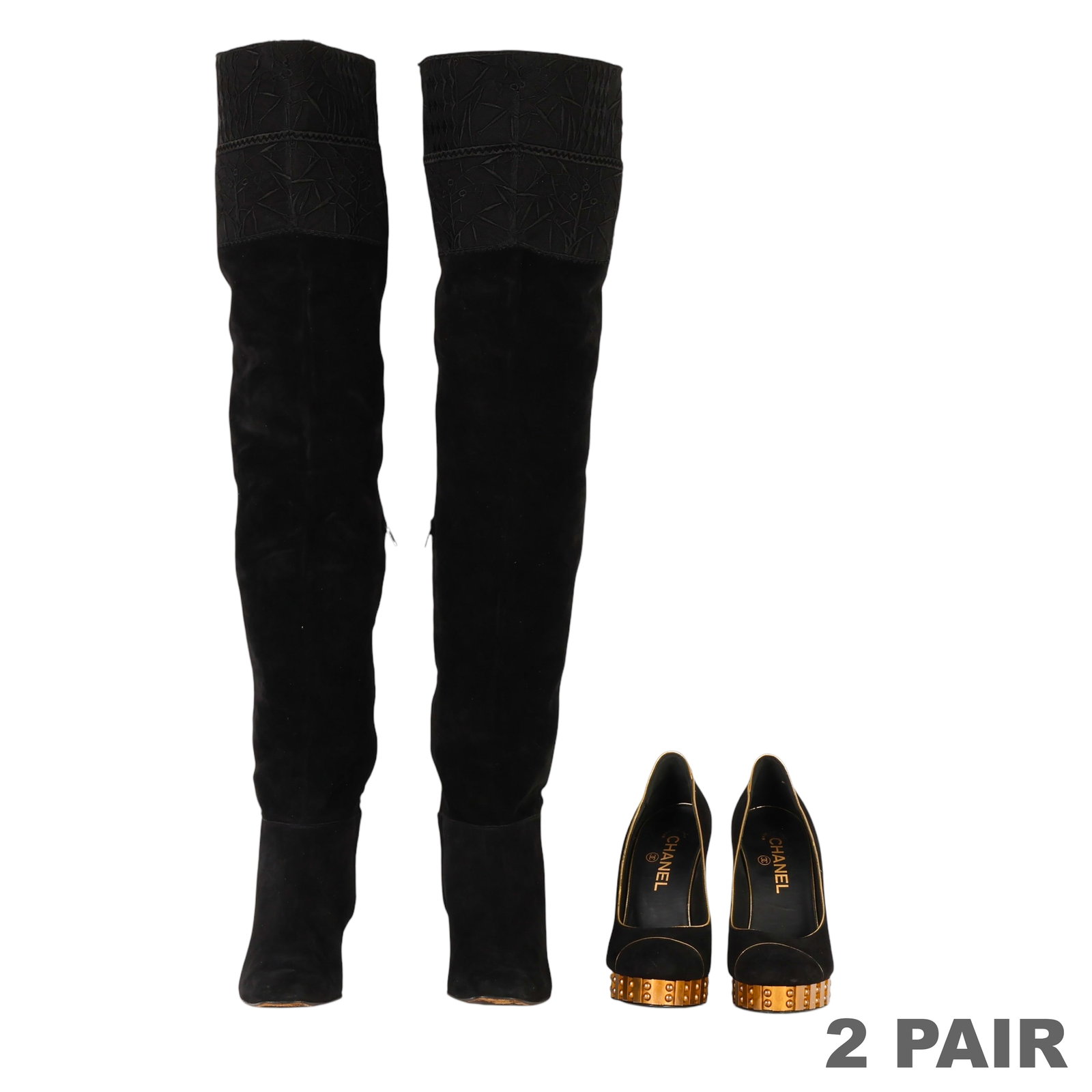 Lagerfeld Boots & Chanel Pumps 2 PAIRS LOT Sz 7.5: Two pairs of designer footwear comprising a pair of Karl Lagerfeld Paris black suede over-the-knee boots with embroidered cuffs, lace-up back detail, partial side zip closures, almond toes, and block 