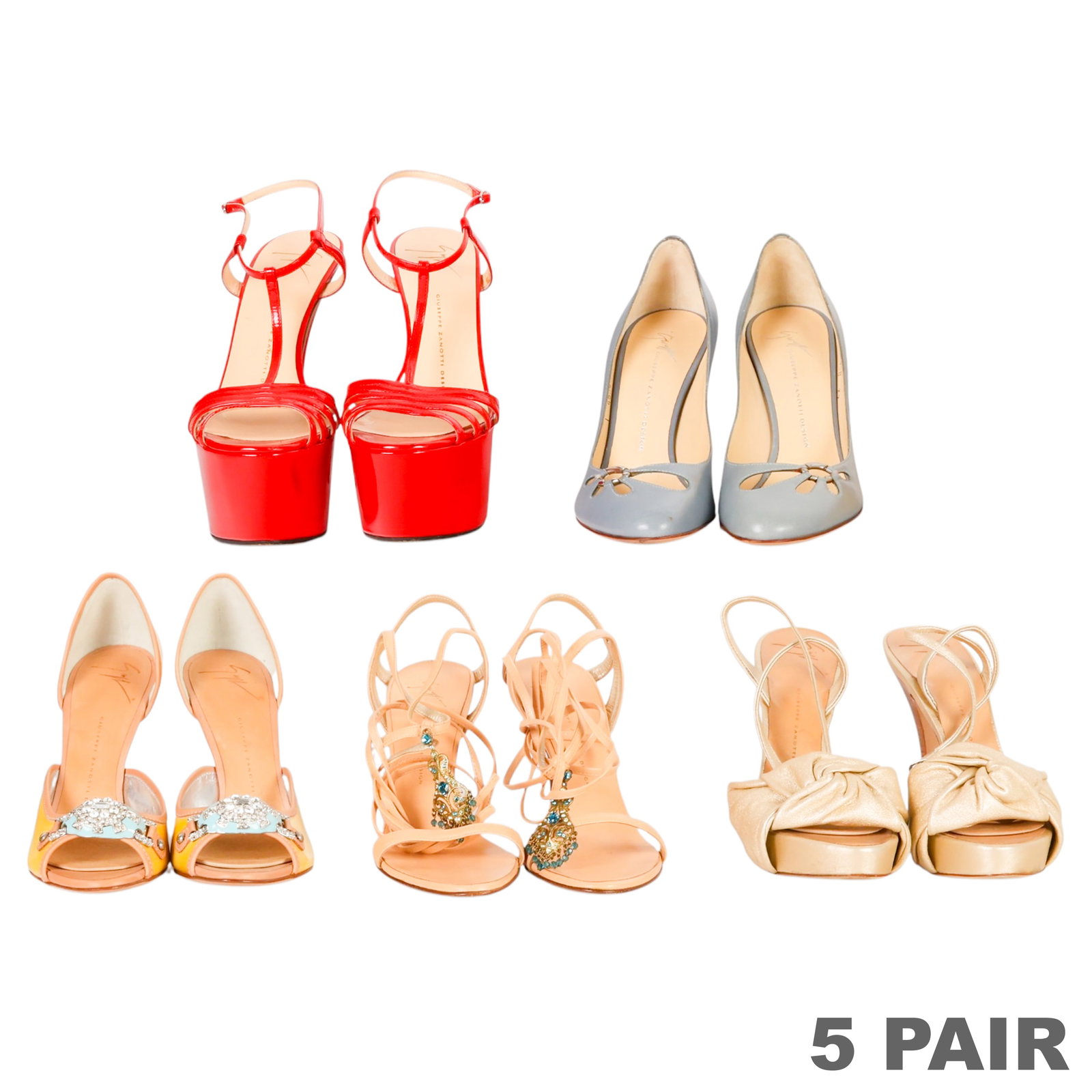 Giuseppe Zanotti High Heels 5 PAIRS LOT S 37-37.5: Five pairs of Giuseppe Zanotti Design women's designer footwear comprising a pair of pale gold leather strappy lace-up sandals with wraparound ankle ties and blue crystal-embellished charms, marked si