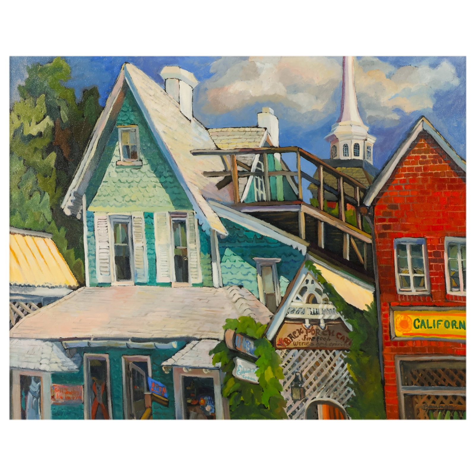 Marilyn Bauman b.1941 City Street Scene Painting: Marilyn Bauman (American, born 1941), oil on canvas depicting a colorful streetscape with Victorian-style architecture, storefront signage, and a church steeple. Signed lower right. Verso retains a Re