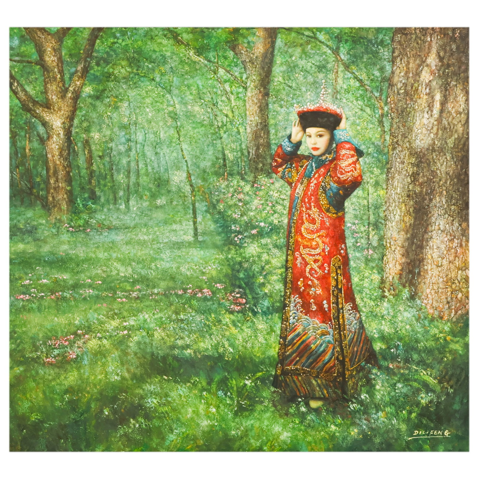 Di Li Feng b.1958 Under the Woods Figural Painting: Di Li Feng (Chinese, born 1958), Under the Woods, oil on canvas depicting a young woman in traditional ethnic dress standing within a wooded landscape. Signed lower right, "Di Lifeng." Verso retains a