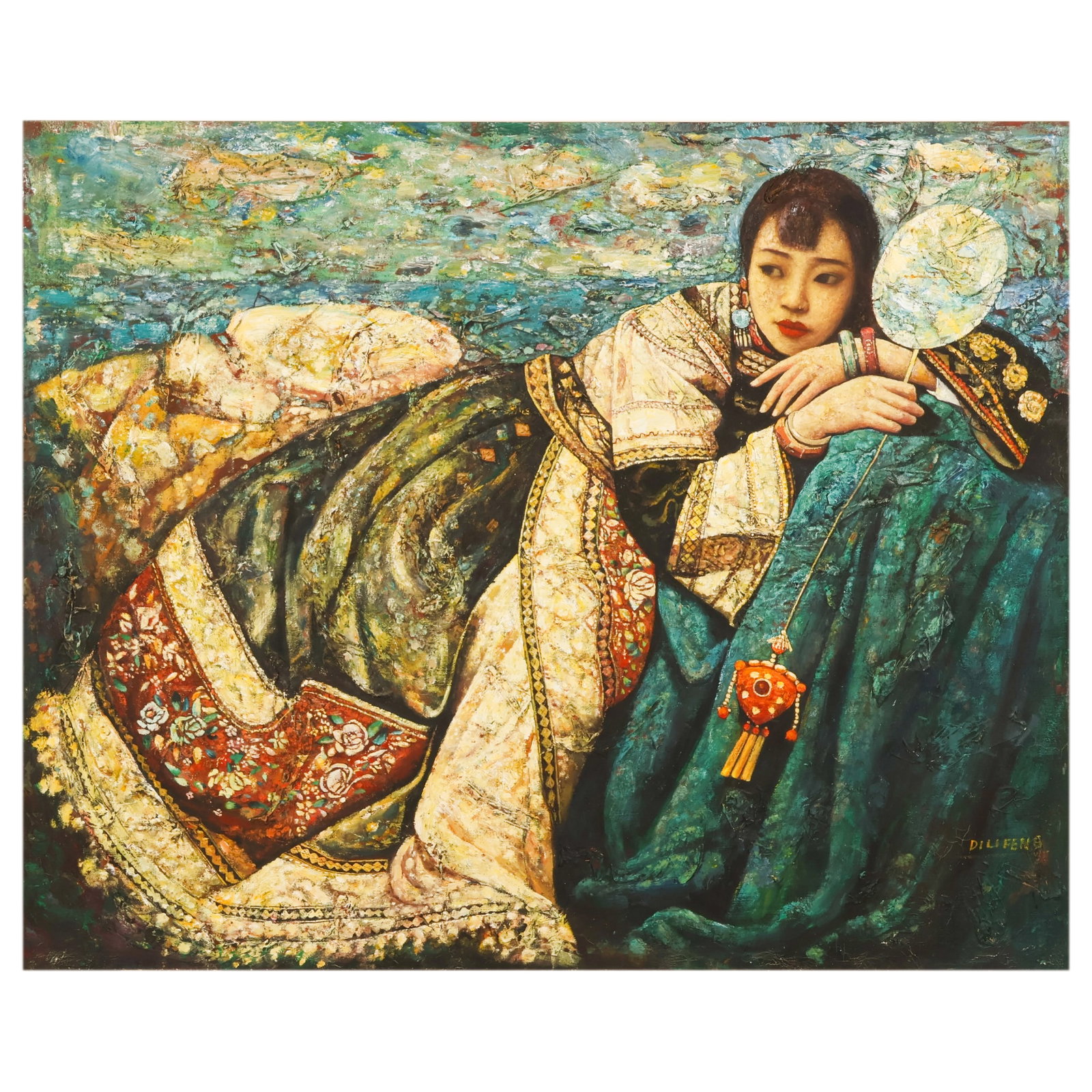 Di Li Feng b.1958 The Distance Figural Painting: Di Li Feng (Chinese, born 1958), The Distance, oil on canvas depicting a reclining young woman in traditional ethnic attire holding a fan and a ceremonial object against a textured blue background. Si