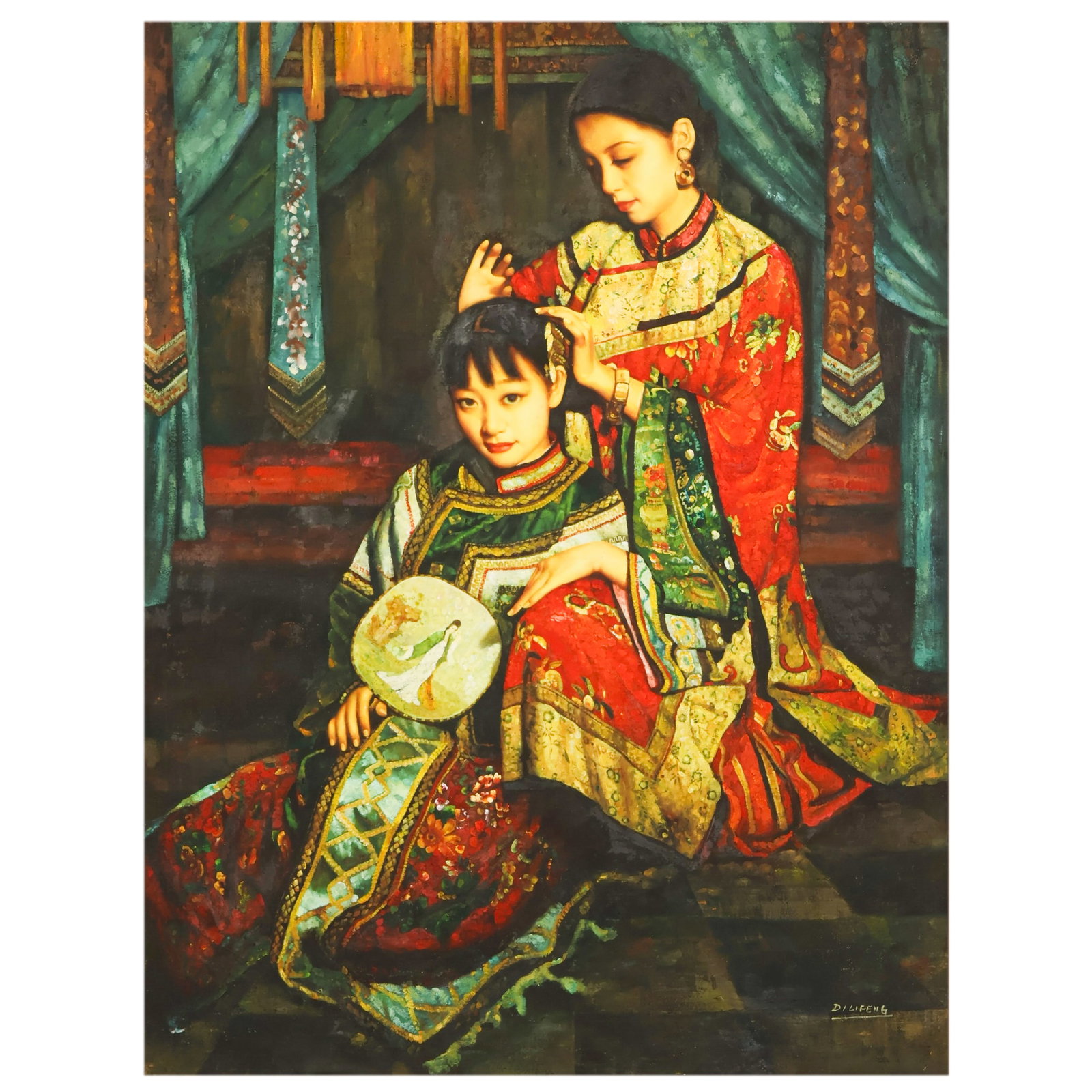 Di Li Feng b.1958 Sisters Figural Scene Painting: Di Li Feng (Chinese, born 1958), Sisters, oil on canvas depicting two young women in traditional ethnic dress, one arranging the other's hair while seated in an interior. Signed lower right, "Di Lifen