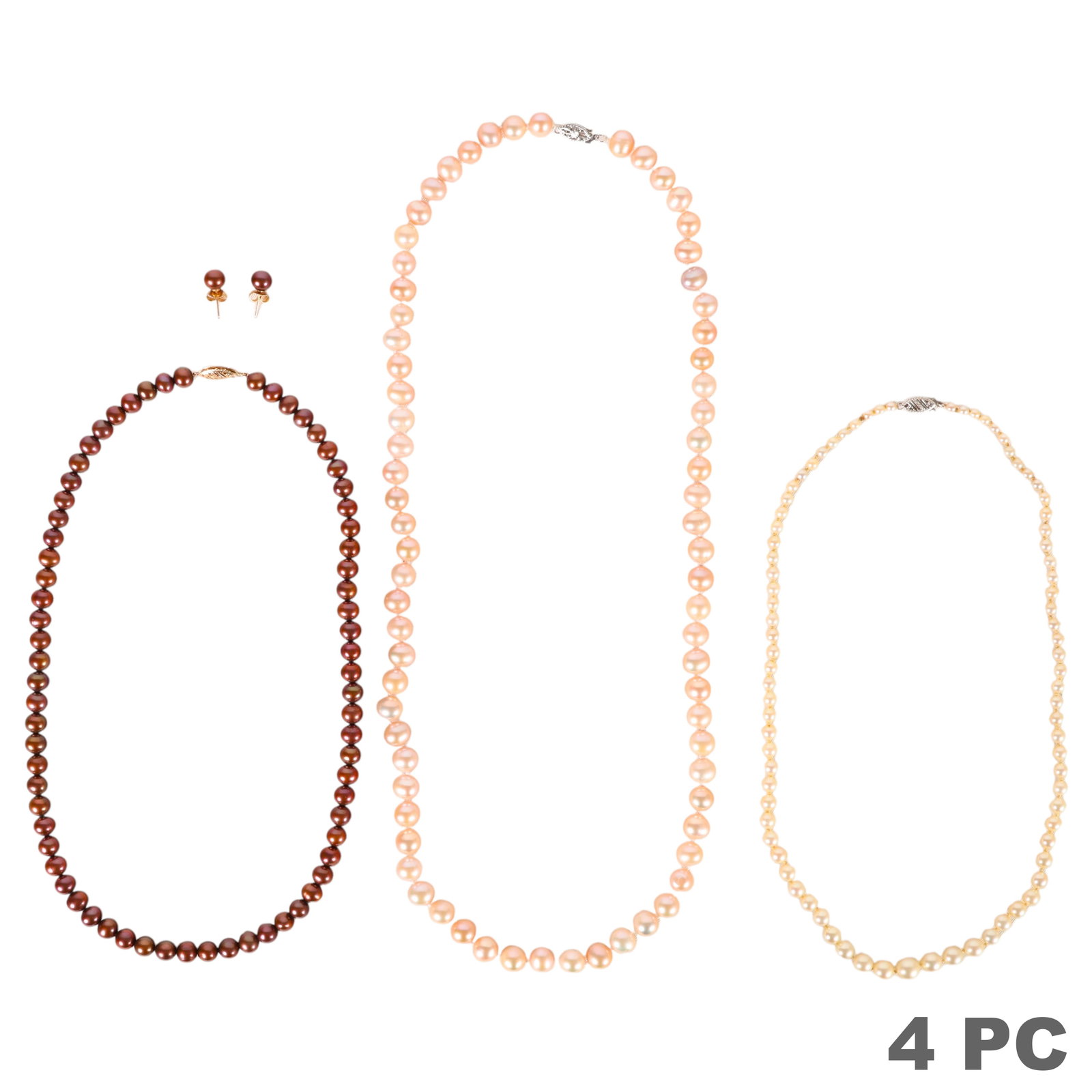 14k Freshwater Pearl Necklaces & Earrings 4pc LOT: Lot of four freshwater pearl jewelry pieces including three necklaces and one pair of matching stud earrings. Includes a 17.5 in. strand of chocolate brown freshwater cultured pearls, approximately 5 