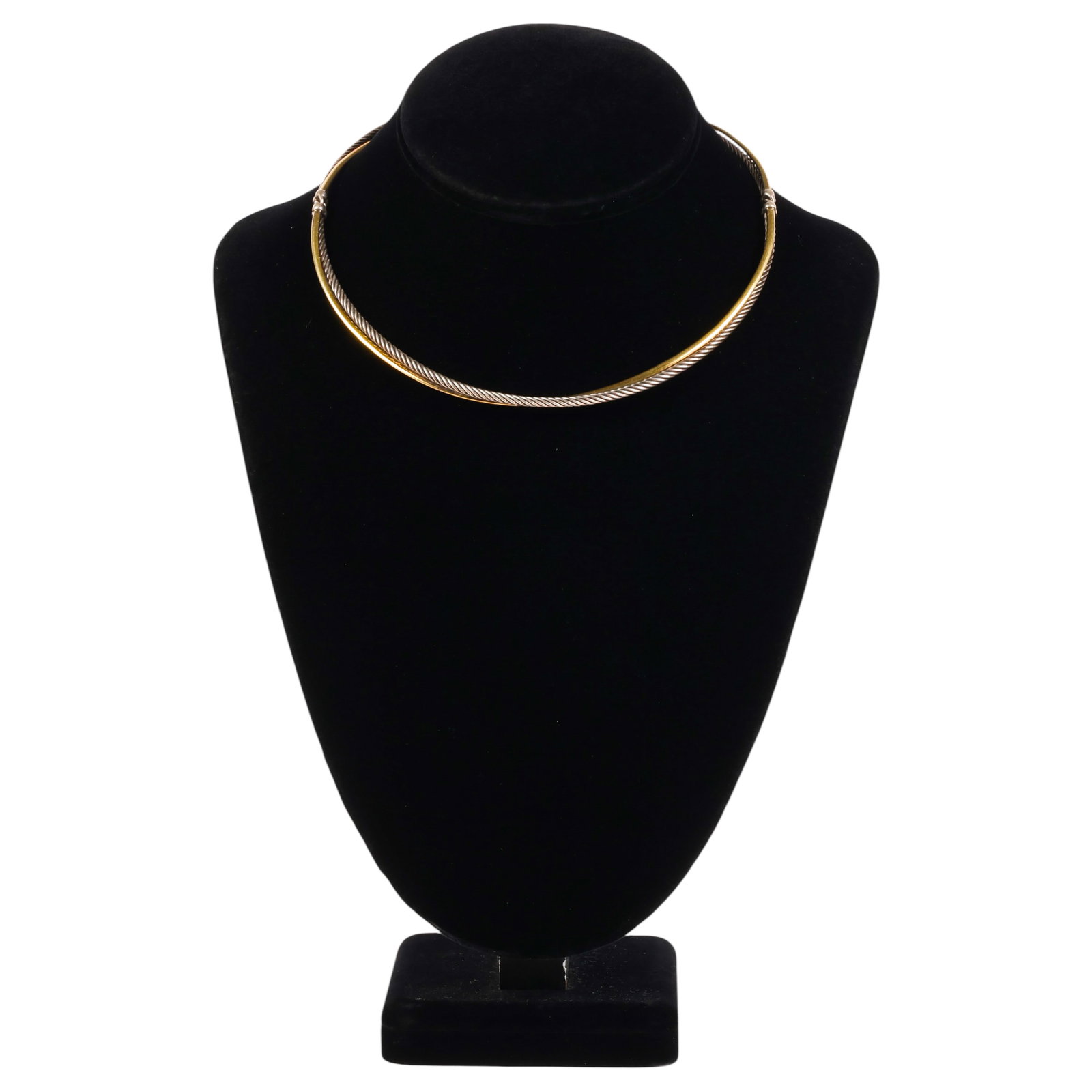 18K & Sterling David Yurman Cable Choker Necklace: David Yurman 18K gold and sterling silver cable choker necklace featuring a twisted sterling silver cable design with polished 18K yellow gold accents, hinged construction, concealed clasp, and signed