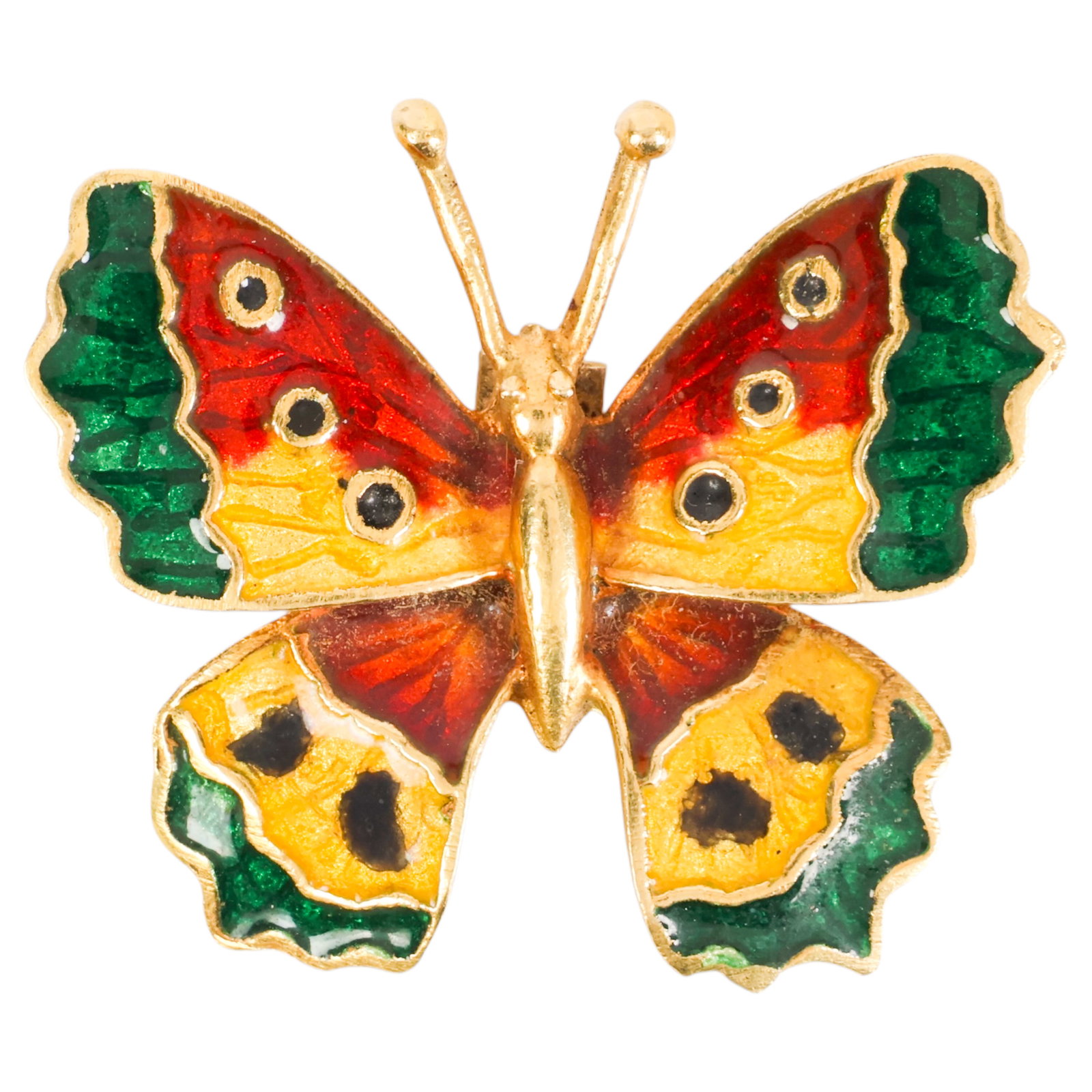 Designer Signed Italian 18k Gold Enamel Butterfly: Vintage 18K yellow gold butterfly brooch featuring multicolor guilloche-style enamel wings in green, yellow, red, white, and black. Reverse bears a designer maker's mark and 18K Italy stamp. Secured w