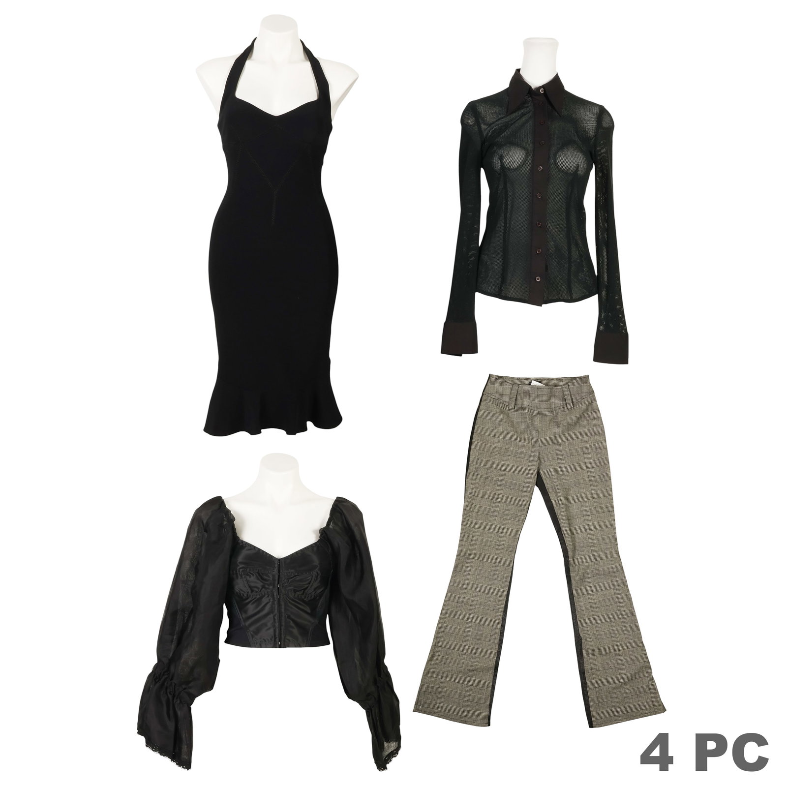 Dolce & Gabbana Dress Shirt Pants and Top 4pc LOT: Four-piece vintage Dolce & Gabbana designer clothing lot comprising a black corset top, J&ANS Dolce & Gabbana mesh blouse, reversible leather and wool houndstooth bell-bottom pants, and a black halter